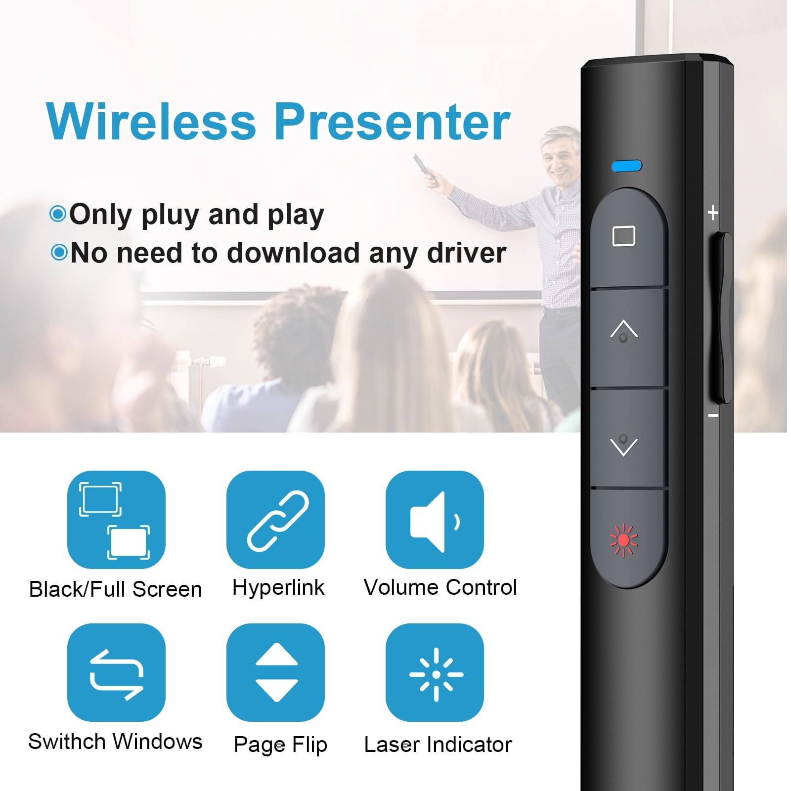 elzle Télécommande de présentation sans Fil 2,4 GHz avec récepteur USB, hyperlien & contrôle du Volume pour Mac, PC