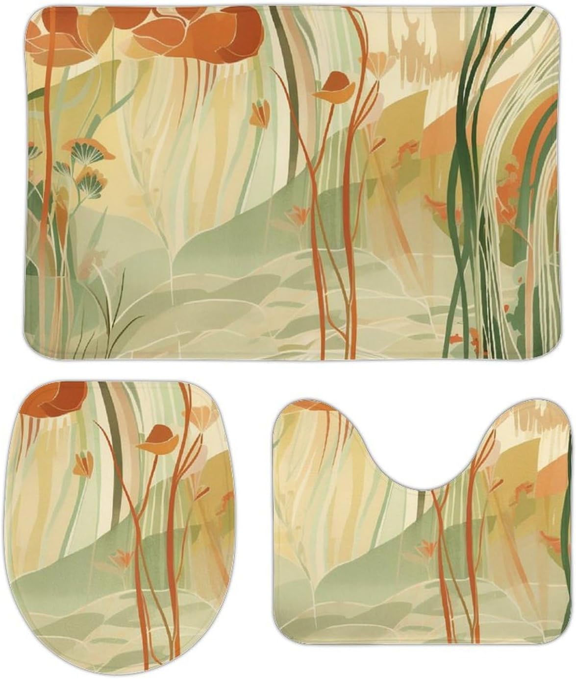 Anti-Skid Floor Mats 3 Piece Set,Orange Line Art Printed Coral Fleece Bathroom Mats U-Shaped Contour Mat Toilet Seat Cover for Bathroom, Tub, Shower, Kitchen 19.7"x31.5"