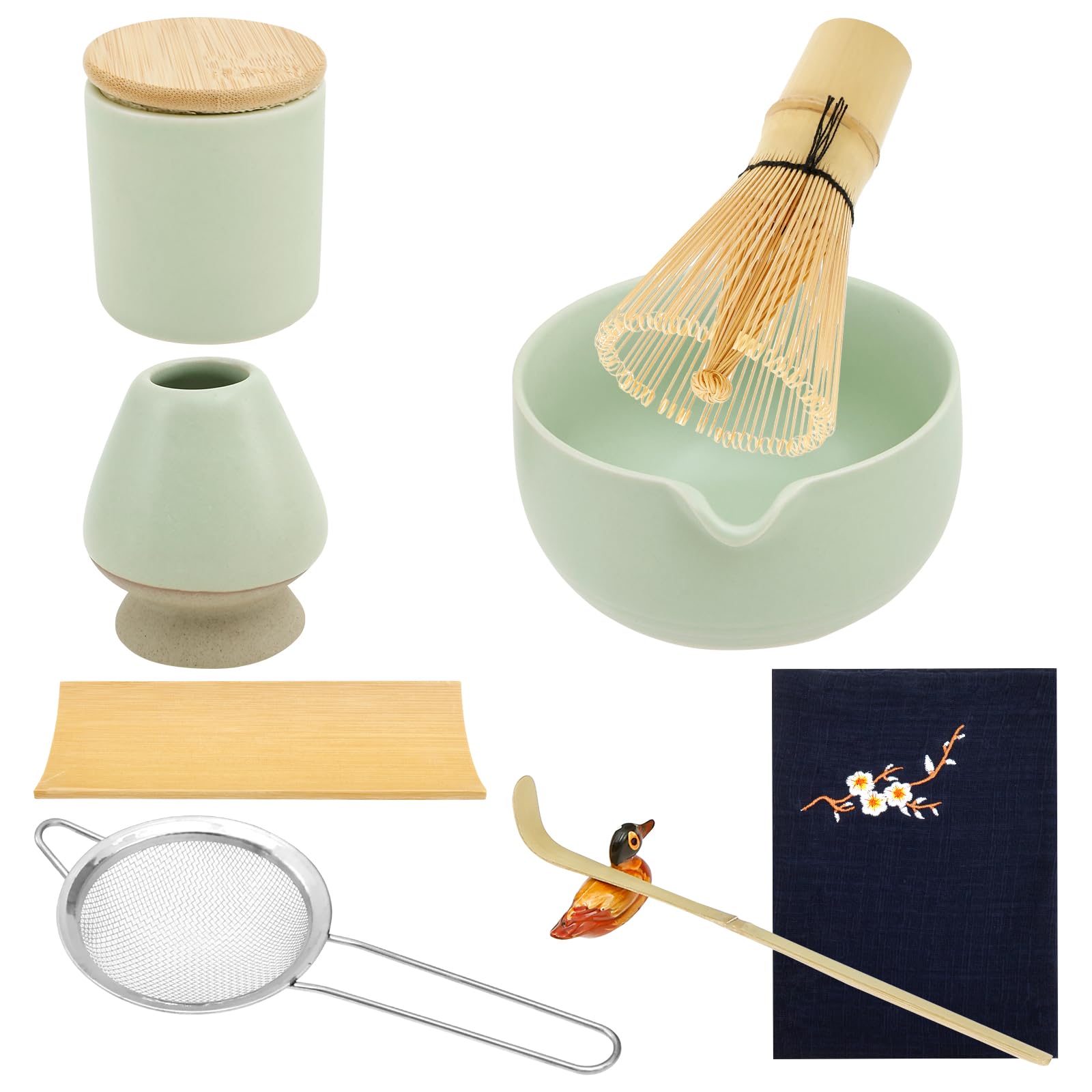 Matcha Set, 9 Stück Schneebesen Set Teelöffel Besenhalter Löffelhalter Schüssel Küchenhandtuch Sieb und Pulverbox Japanisches Matcha-Zeremonie-Zubehör (9 Zoll)
