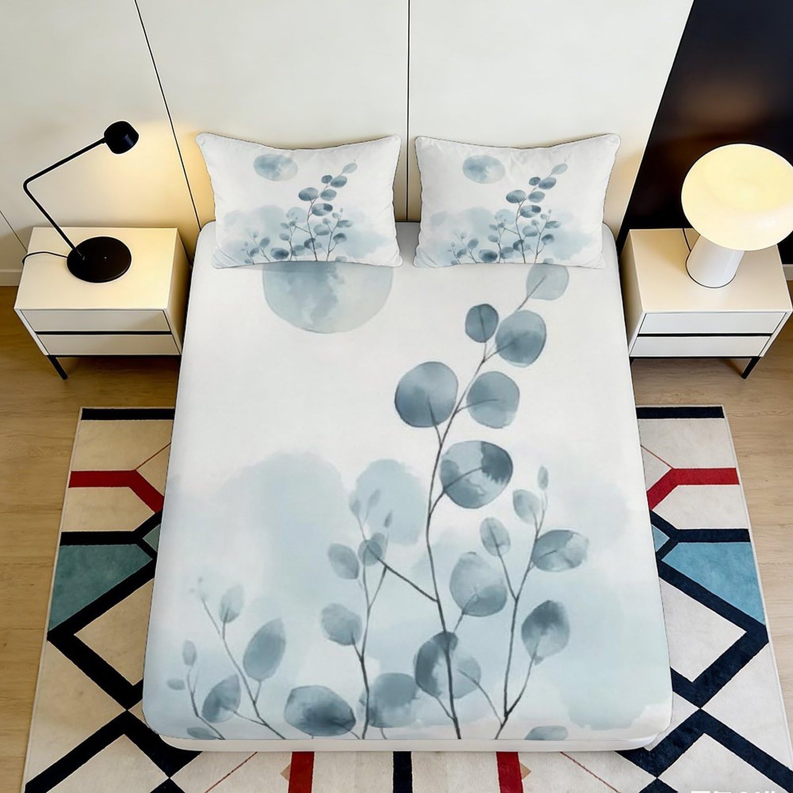 3D Printed Watercolor Eucalyptus Fitted Sheet Microfiber Soft Blue Leaves Mattress Cover for Bedroom Guest Room Decor 90x200x25cm