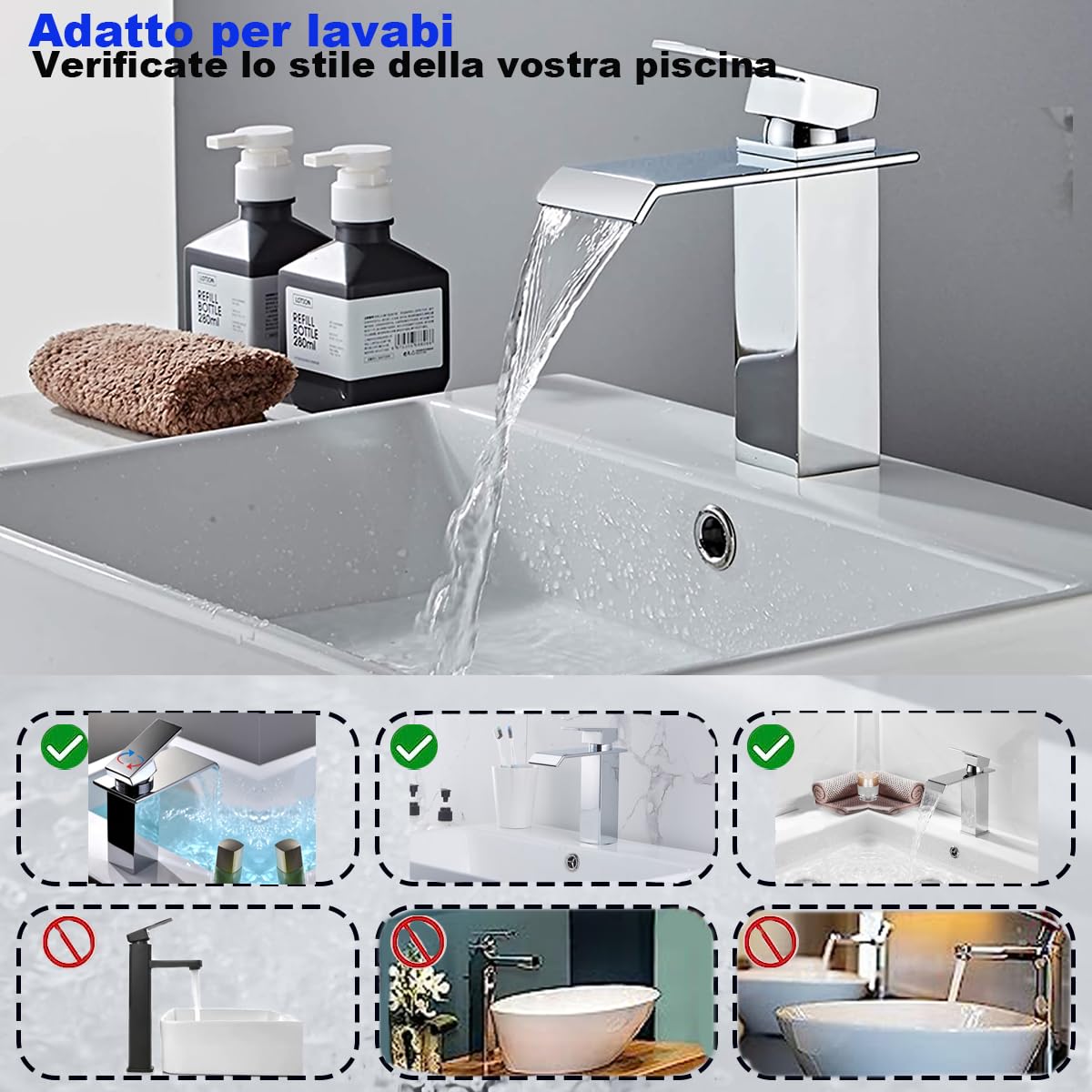 XWIHTR Rubinetto a cascata per bagno, rubinetto per lavabo a una maniglia, risparmio idrico, rubinetto per lavabo, bocca calda e fredda, rubinetto per bagno in ottone in acciaio inox (cromo)