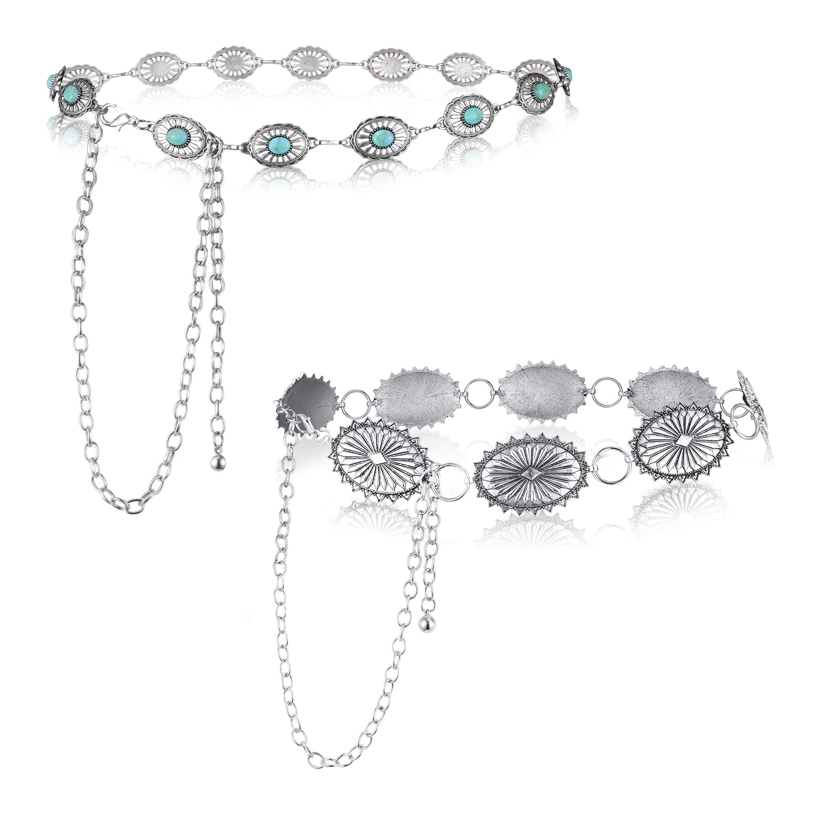 Junkin2 Pcs Women Concho Western Chain Belts Turquoise Chain Belts