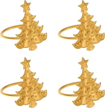 Jolitee Set of 4 Christmas Tree Napkin Rings Elegant, Durable, Lightweight Gold Metal Perfect for Holiday Table Decor and Celebrations