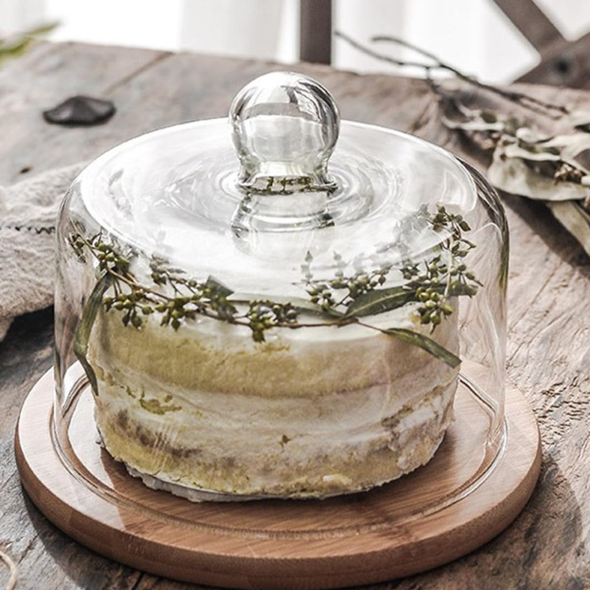 Couvercle à Gâteau en Verre et Bois, Dôme Hermétique Portable pour Aliments