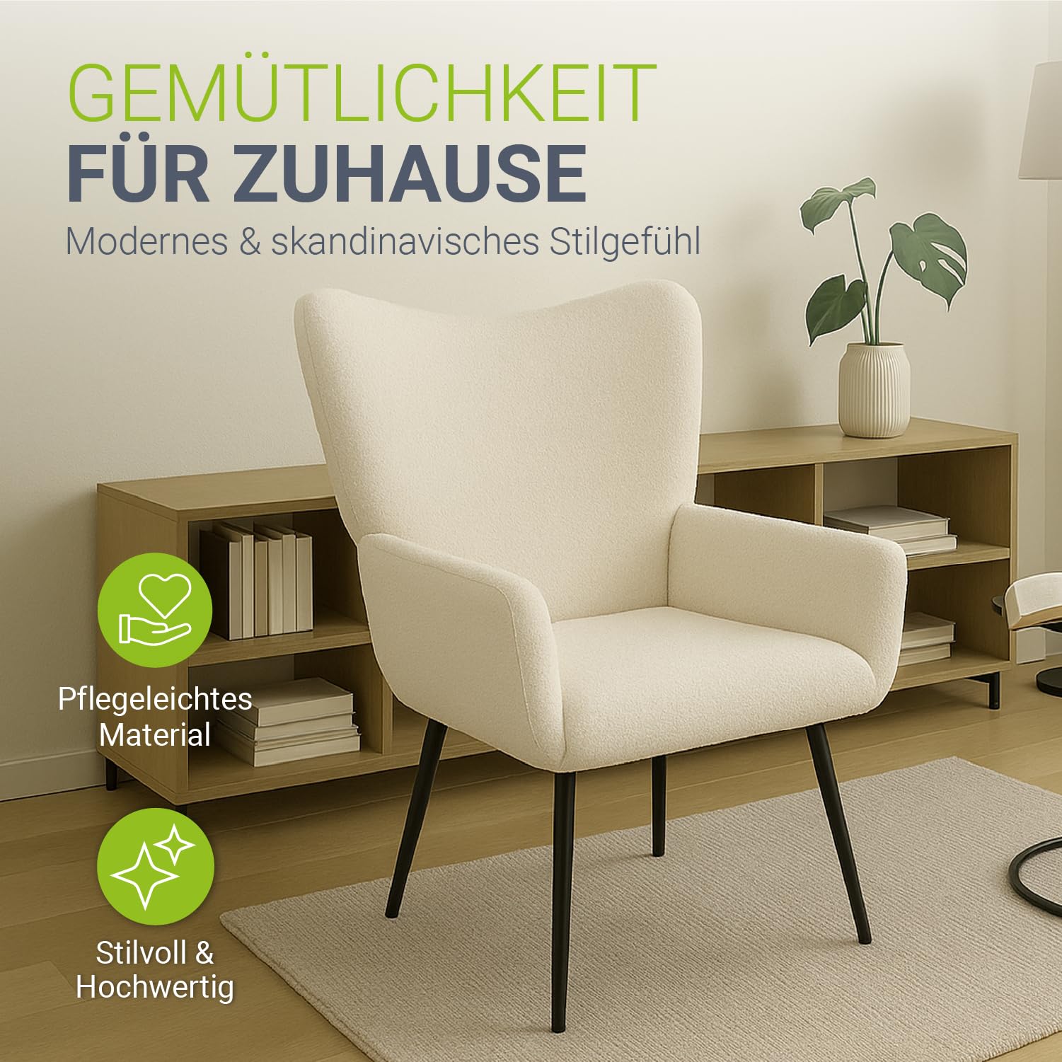 Juskys Ohrensessel Odense ohne Hocker, Relaxsessel mit Bouclé-Stoff, skandinavischer Stil, hoher Rücken & gepolstert, Stahlgestell – Beige