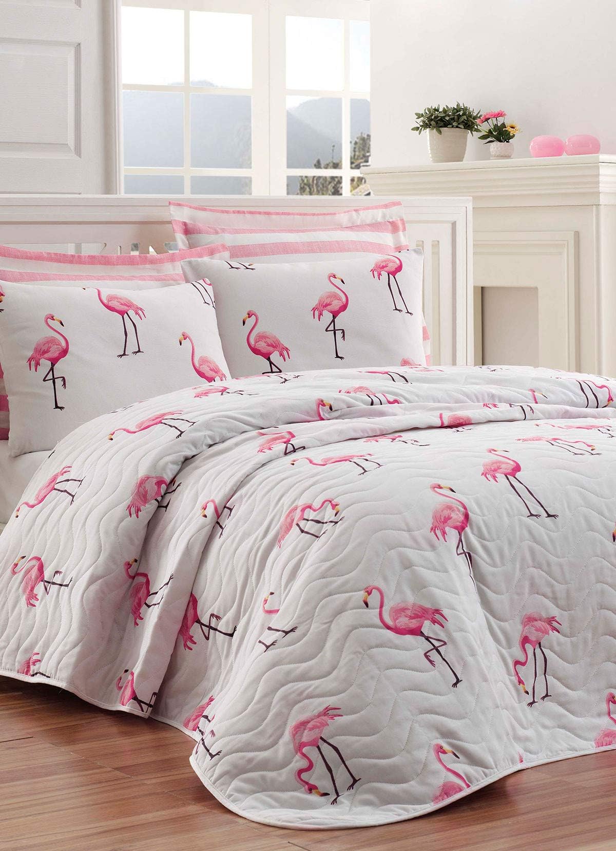 Birds Bedding, Flamingo Themed Single/Twin Size Bedspread/Coverlet Set, Flamingo Themed Girls Bed Set, 2 Pieces
