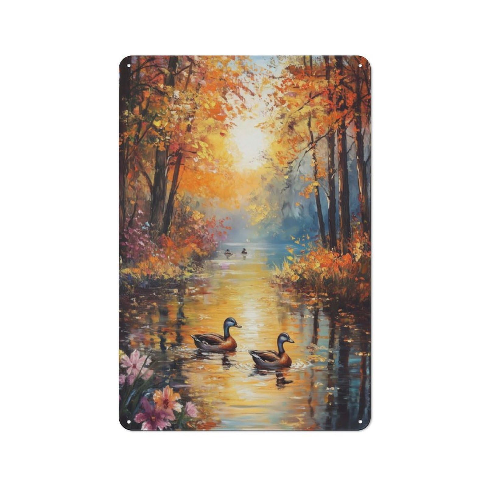 Junmoney Autumn River Ducks Vintage Tin Sign 30X20cm With For Studio Or Craft Room, For Garage, Workshop And Man Cave Decoration