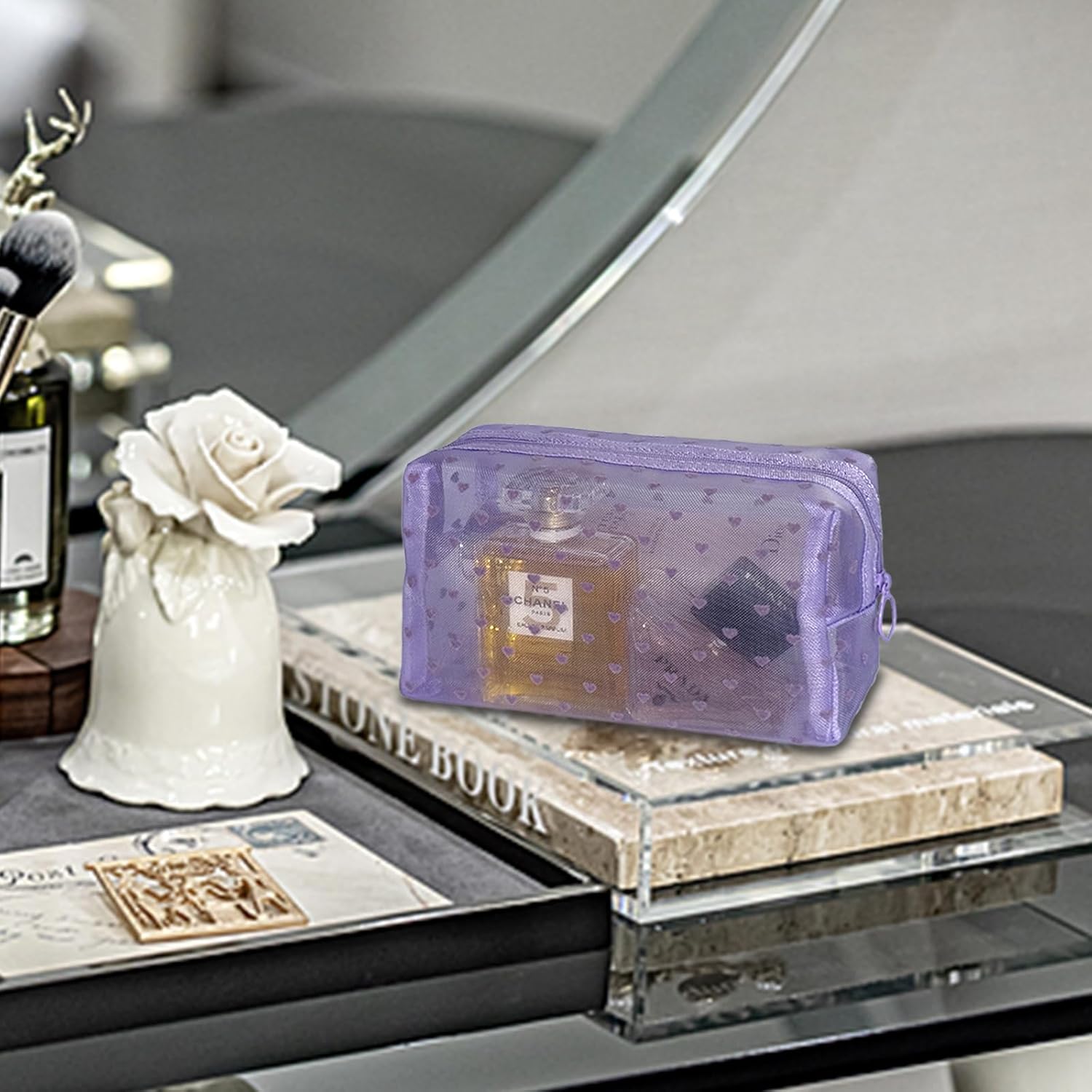 5-Piece Heart Printed Mesh Makeup Bag Set, Portable Travel Cosmetic Bags Toiletry Bags Purse Bags Makeup Bags Zipper Mesh Storage Pouches for Home Offices Travel Accessories (Purple) - Image 5