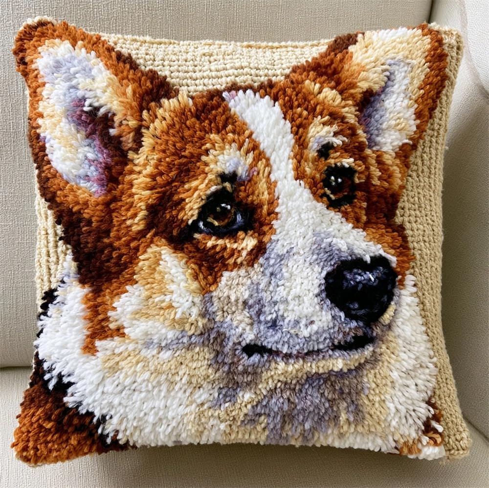 kitphoenix DIY Latch Hook Pillow Kit for Adults Corgi