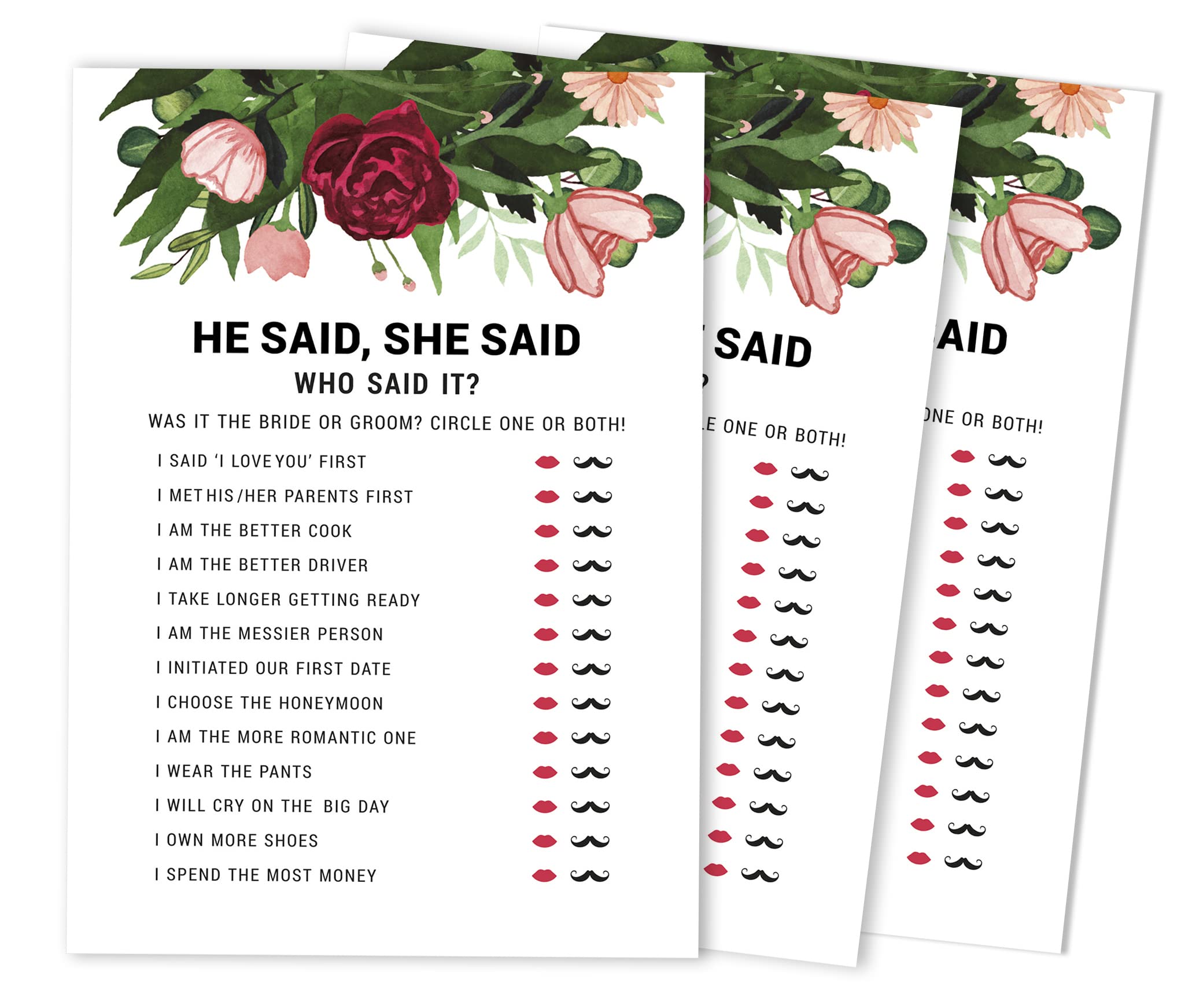 Amazon.com: Inkdotpot 50-Pack He Said She Said Cards for Couples Floral  Greenery Funny Rehearsal Dinner Who Said it Question Bridal Shower  Engagement Party Game Ideas : Home & Kitchen