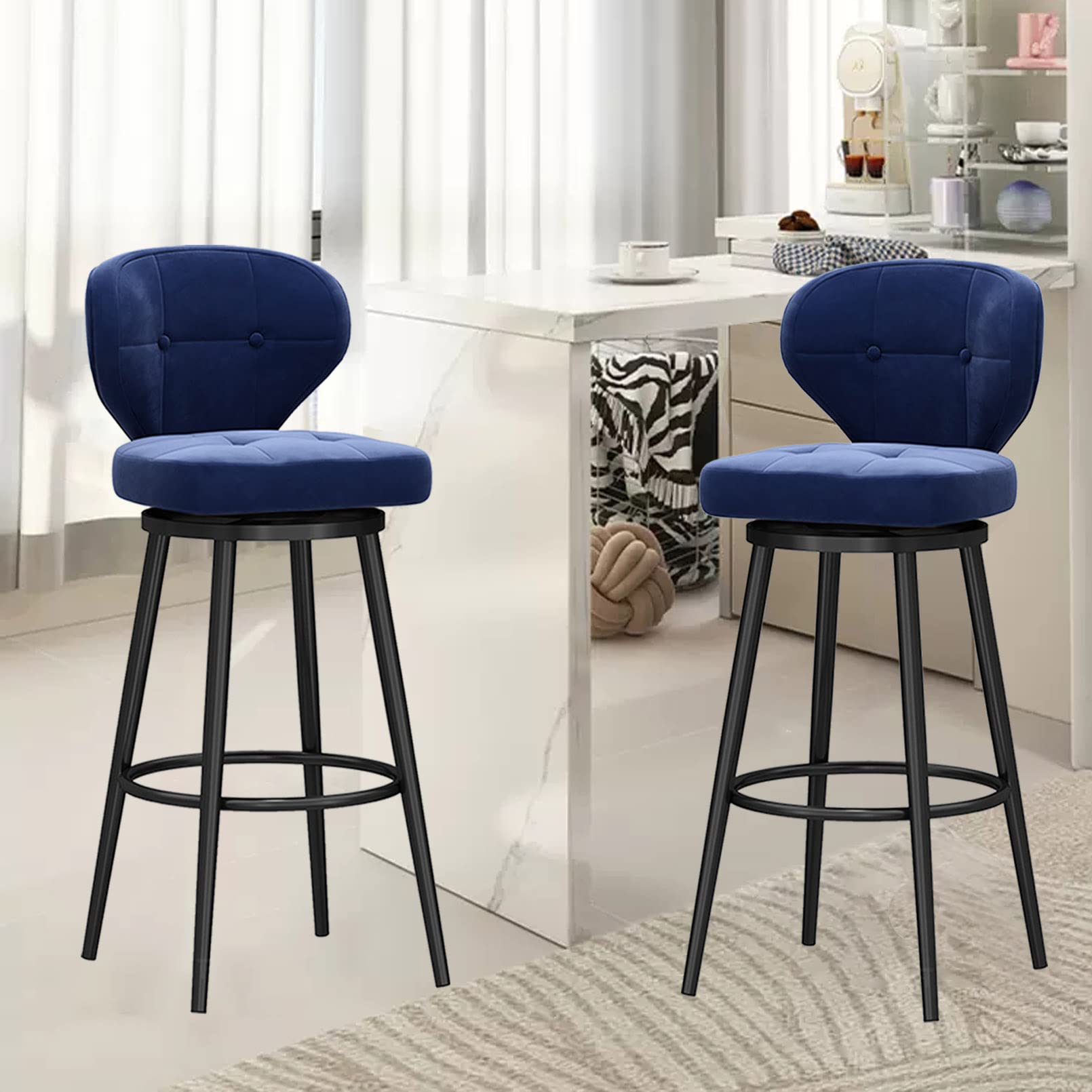 LUUYYI Moderno sgabello da bar girevole in velluto bianco con schienale basso e gambe in metallo nero, altezza da banco, sedia da cucina per la colazione a casa, set da 1 (blu, 4 pezzi)