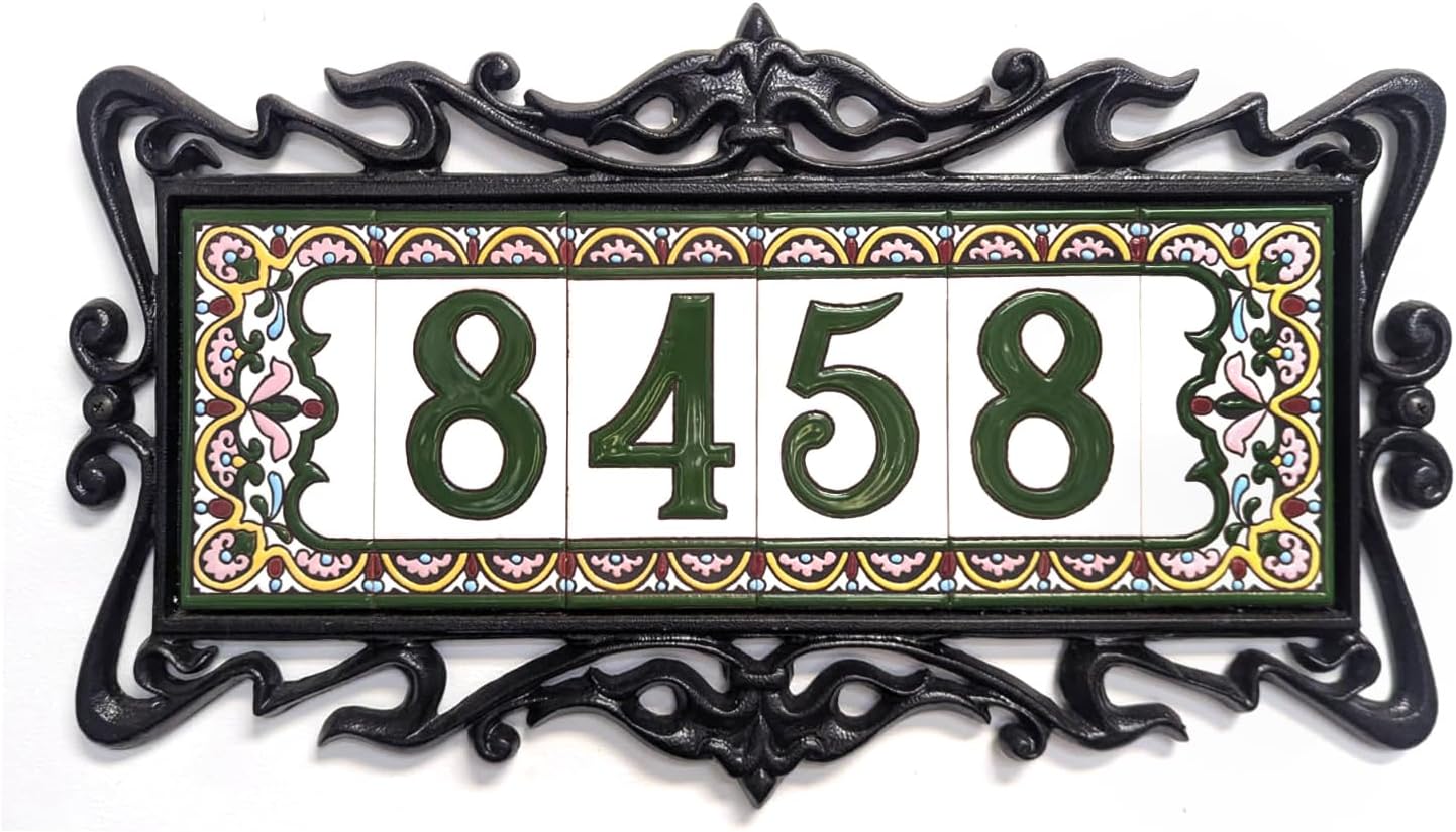 Spanish Style Ceramic House Number, Address Plaque, Hand Painted Tiles with Decorative Aluminum Frame