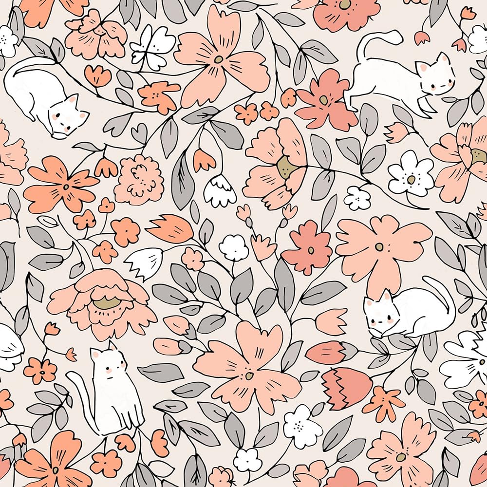 MuralPeel Cute Pink Orange Wildflowers Cat White Peel and Stick Wallpaper Self Adhesive Removable Easy Peel Off Contact Paper Stick on Wall Paper for
