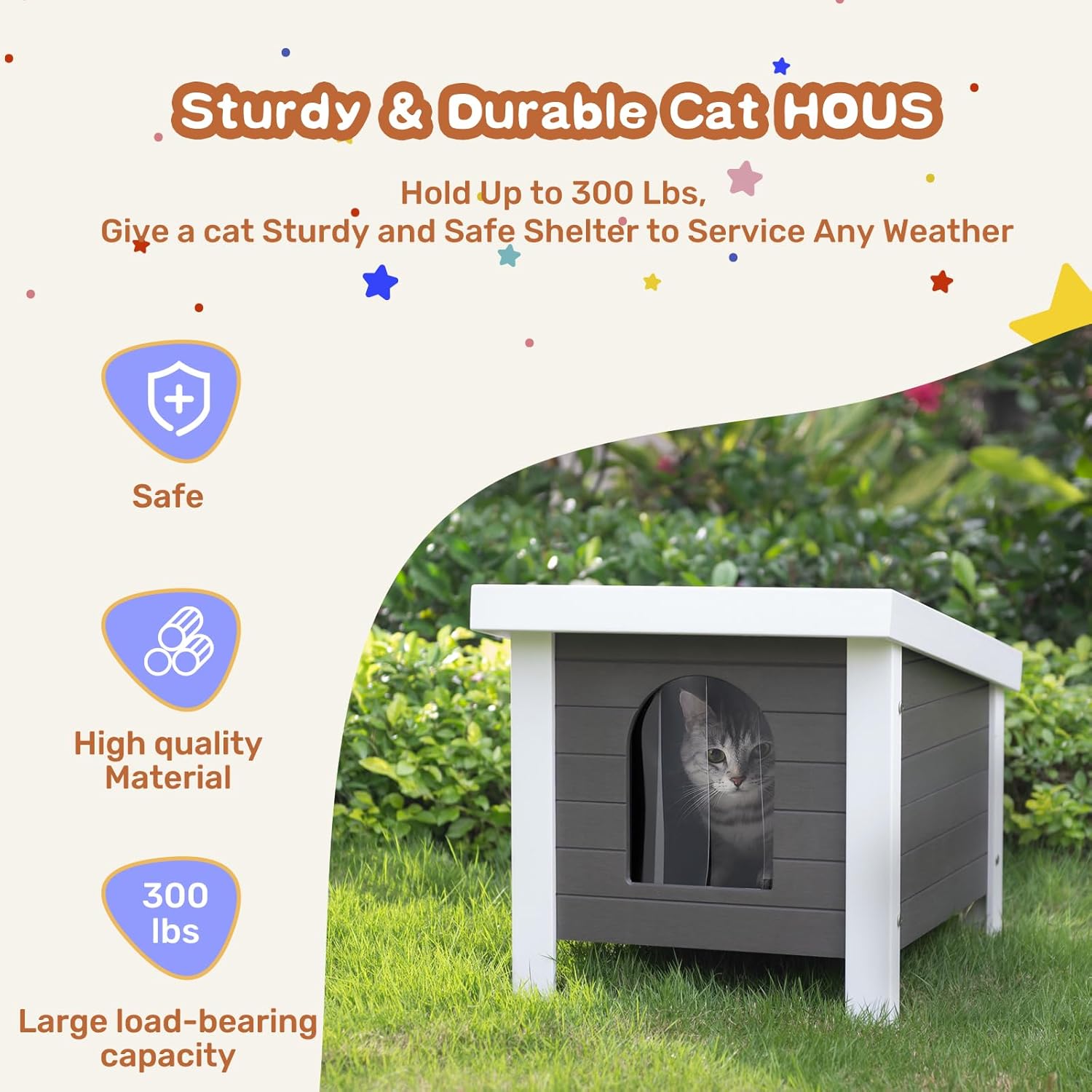Psilvam Poly Lumber Outdoor Cat House, Weatherproof Cat Houses for Outdoor Cats, Feral Cat Shelter with Vent Plugs for Both Outdoor and Indoor 24" D x 17.7" W x 18.1" H(Grey)