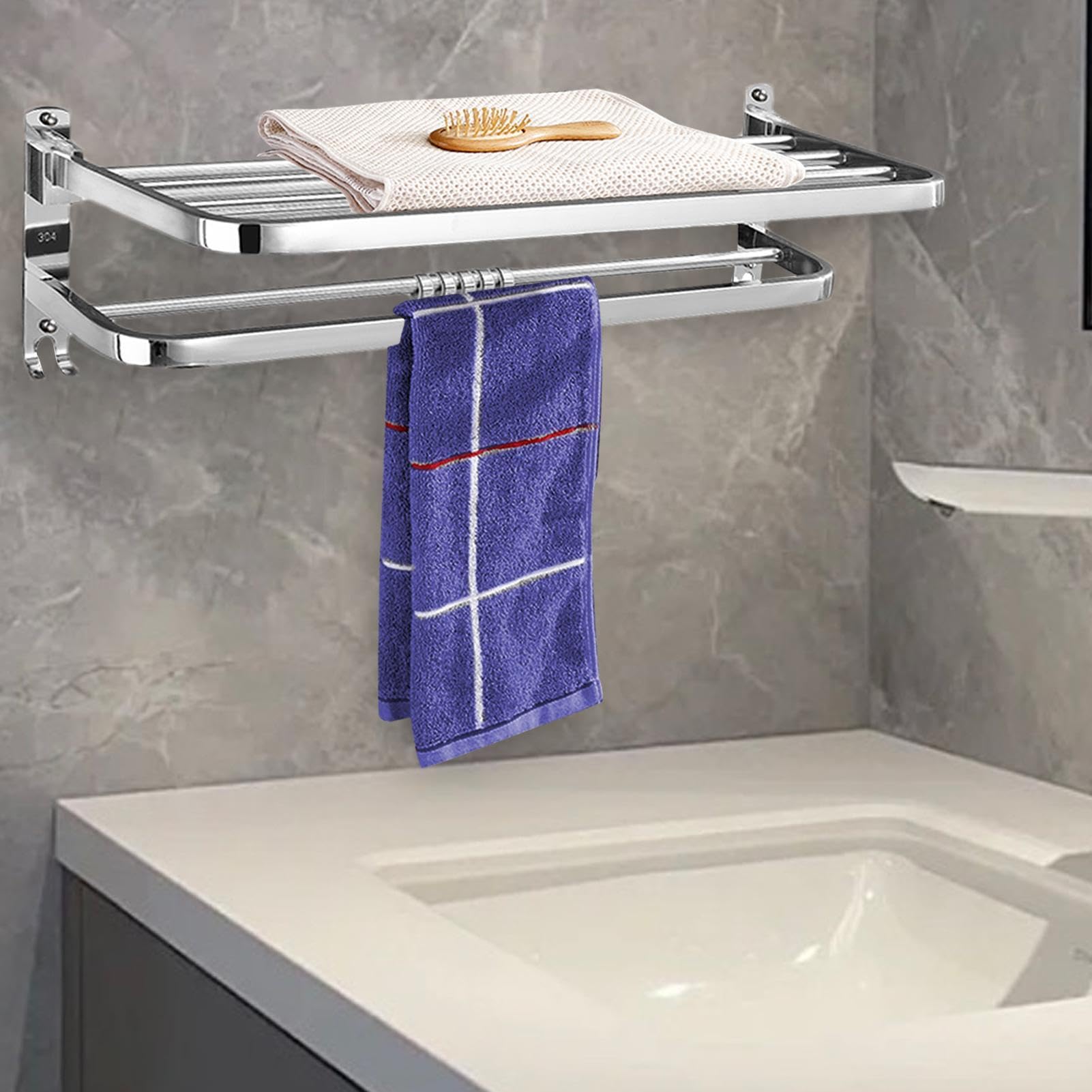 Toalleros para baño,Toallero Estante de Barra Doble Inoxidable | Toallero de pared para baño Toallero Estante de baño montado en la pared Estante plegable Percha de baño a prueba de