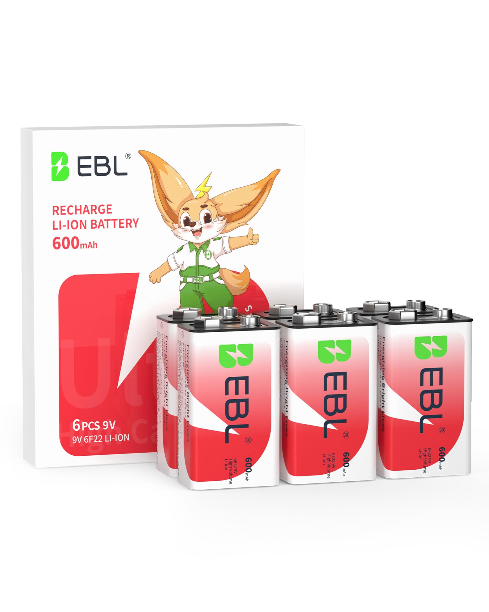 EBL 9V Rechargeable Batteries 9 Volt Li-ion 600mAh (6-Packs)