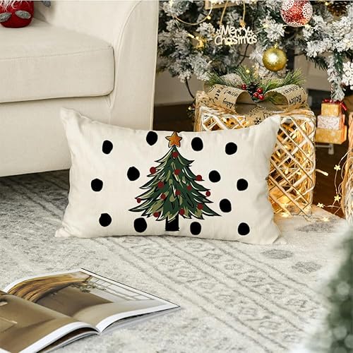 Miniatura 2 de RABUSOFA Fundas de almohada de Navidad de invierno de 12 x 20 pulgadas, decoración de árbol de Navidad de lunares, almohadas lumbares de acuarela,