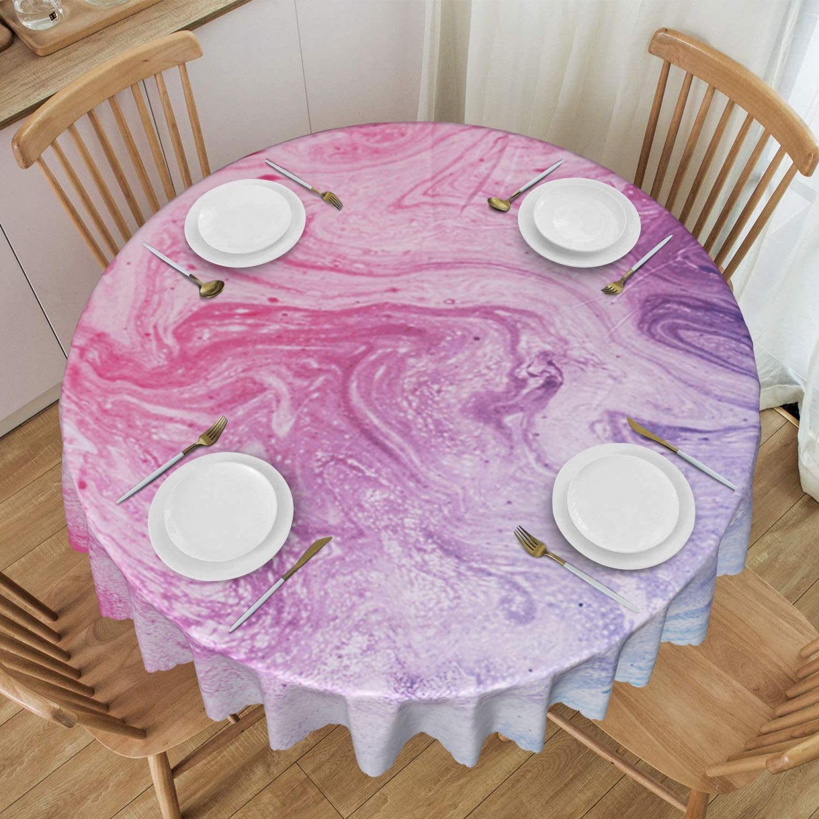 DCEHGEW 60 In Round Tablecloth with Lace, Colorful Marble Pastel Pink Blue Purple Printed Oilproof & Washable Fabric Picnic Table Cloth Table Covers