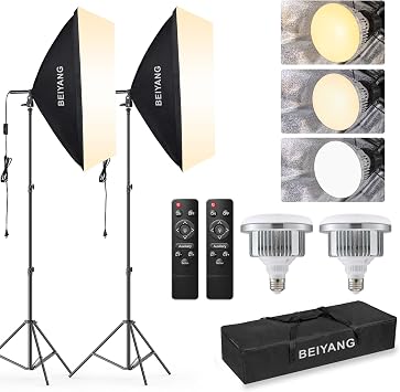 BEIYANG Softbox Lighting Kit, 2x20x28 Photography Soft Box with 2 pcs 6000K E27 LED Socket LED Bulbs, Studio Lights for Photography/Video Recording/Live Streaming