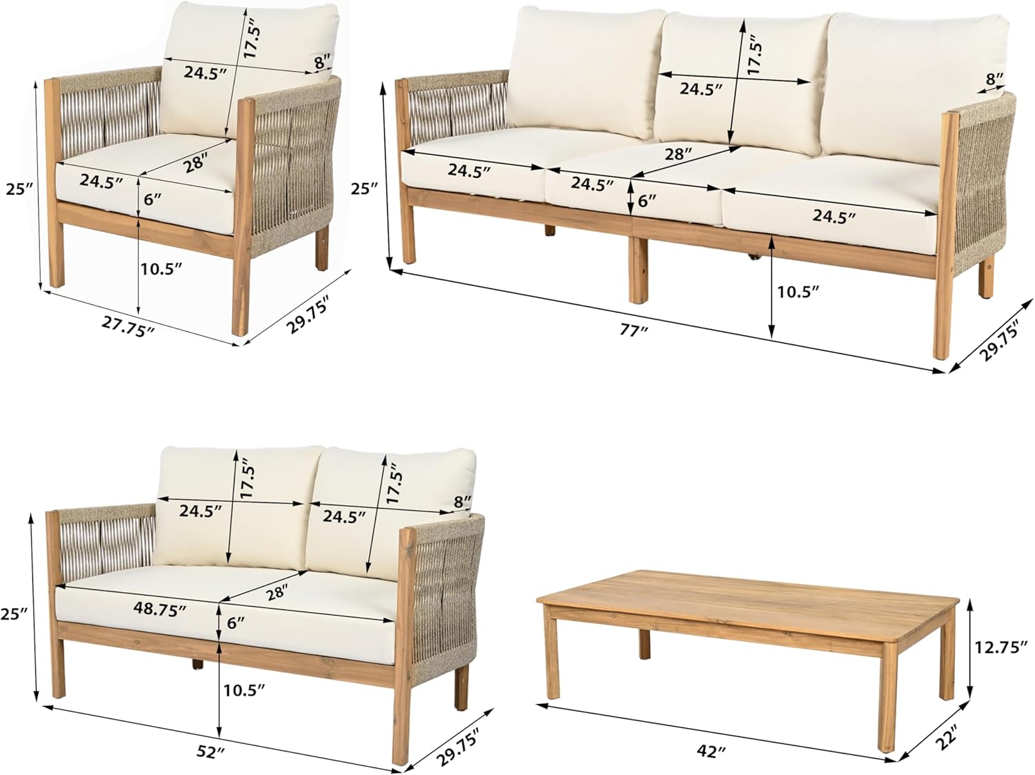 Christopher Knight Home Havets 5 Pieces Outdoor Acacia Furniture Set, Woven Rope Loveseat and Accent Club Chairs, 6" Thick Cushions Sofa and Coffee Table Set for Backyard Garden Balcony, Teak+Beige