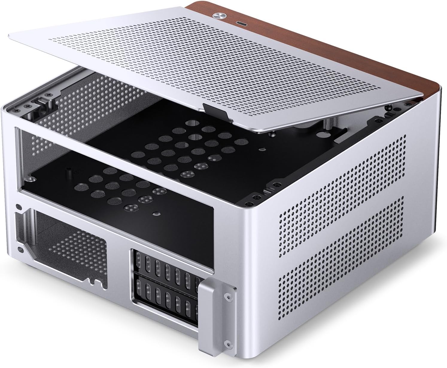JONSBO NV10 Silver MINI ITX PC Case, Aluminum Alloy with Walnut Trim Desktop Case, Compatible with 1U Flex PSU, Low-Profile GPU,Compact &Portable 4.5L Case,with a PCI-E 4.0 Extended Cable, Silver