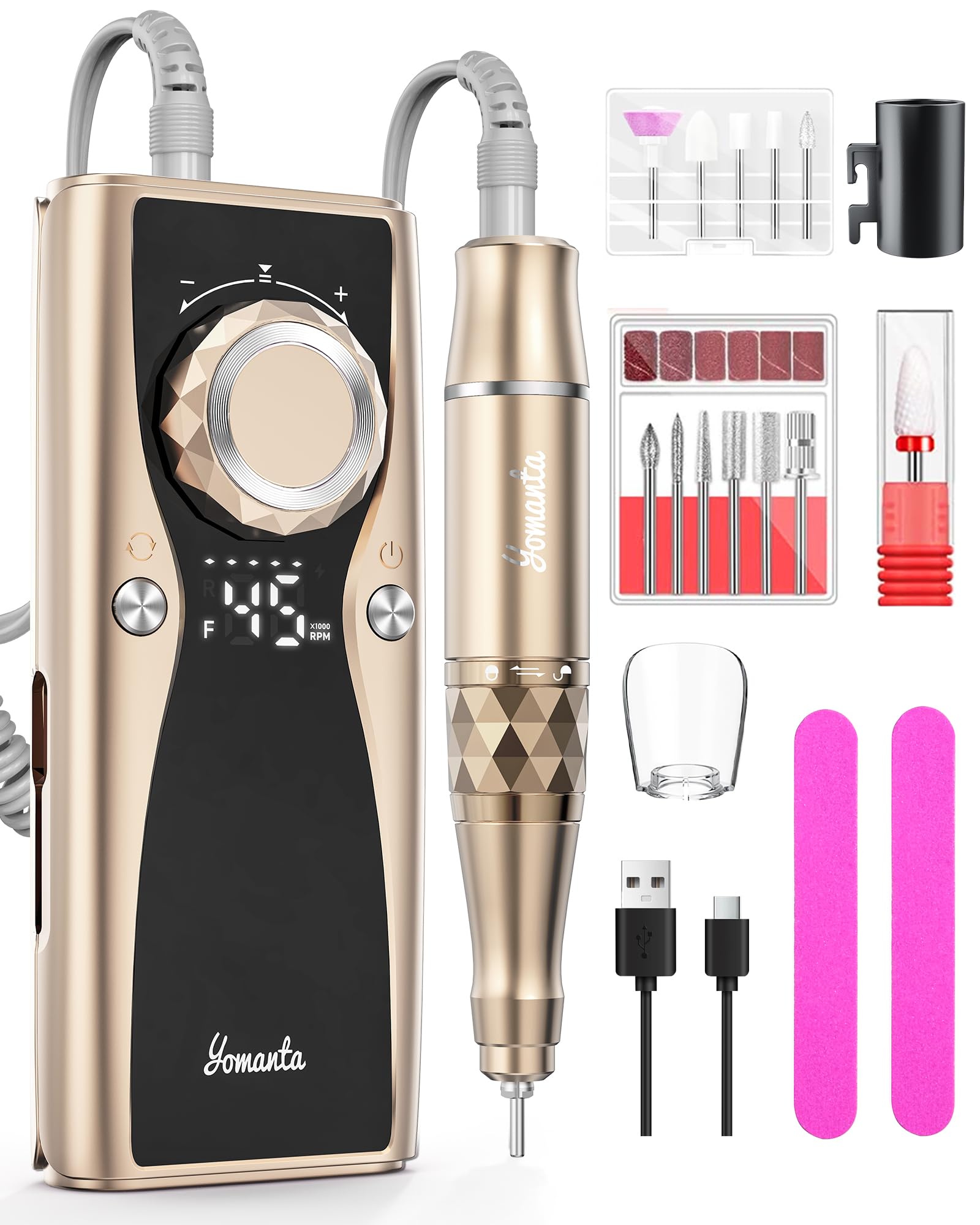 Electric Nail Drill Professional Kit: 45,000 RPM USB Rechargeable Efile Nail Drill Nail File with 12 Bits for Polishing Gel/Acrylic Nails- Portable