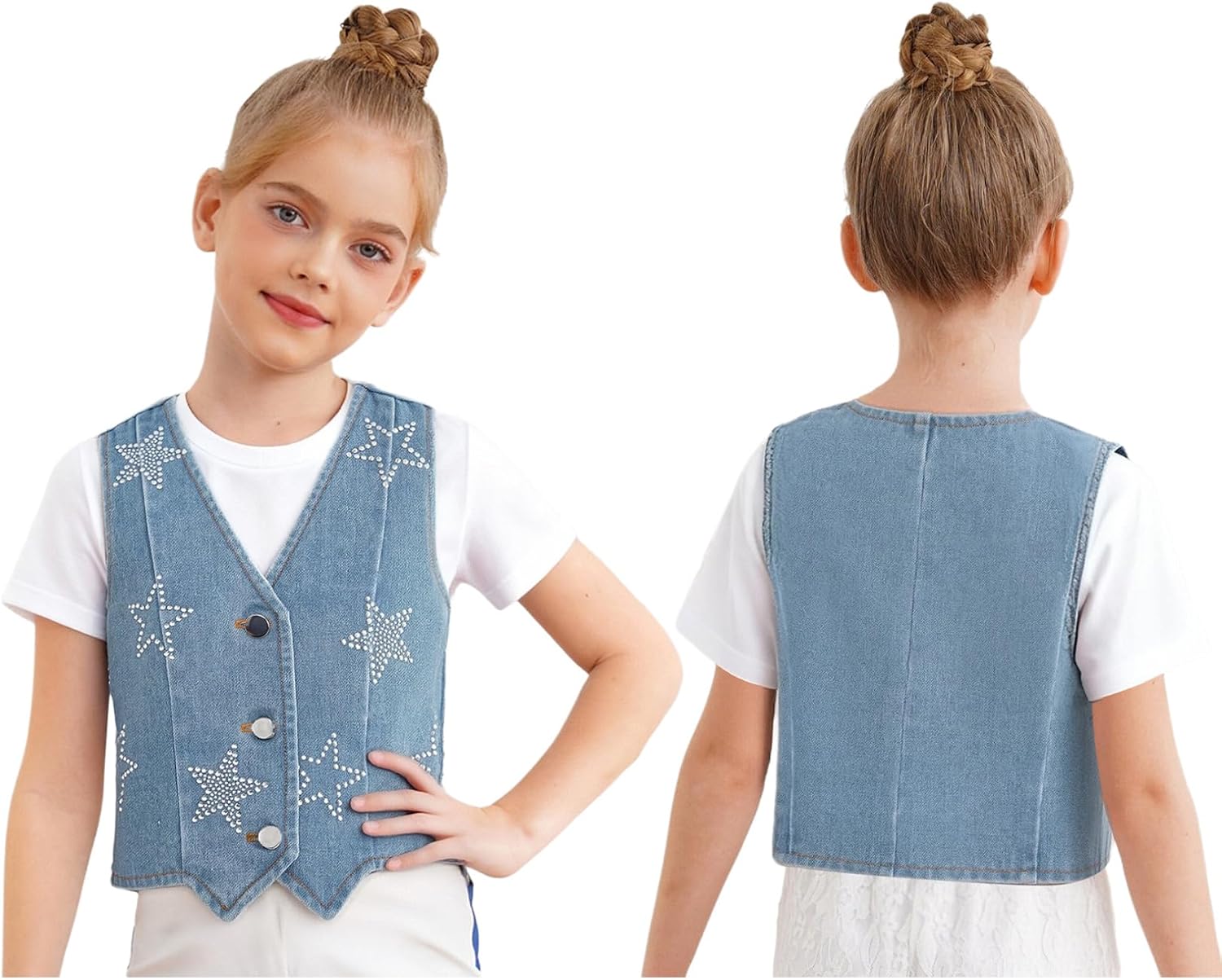 FEESHOW Kids Girls Sparkly Stars Denim Cropped Vest Sleeveless Jean Jacket V-neck Button Up Cowgirl Waistcoat Streetwear