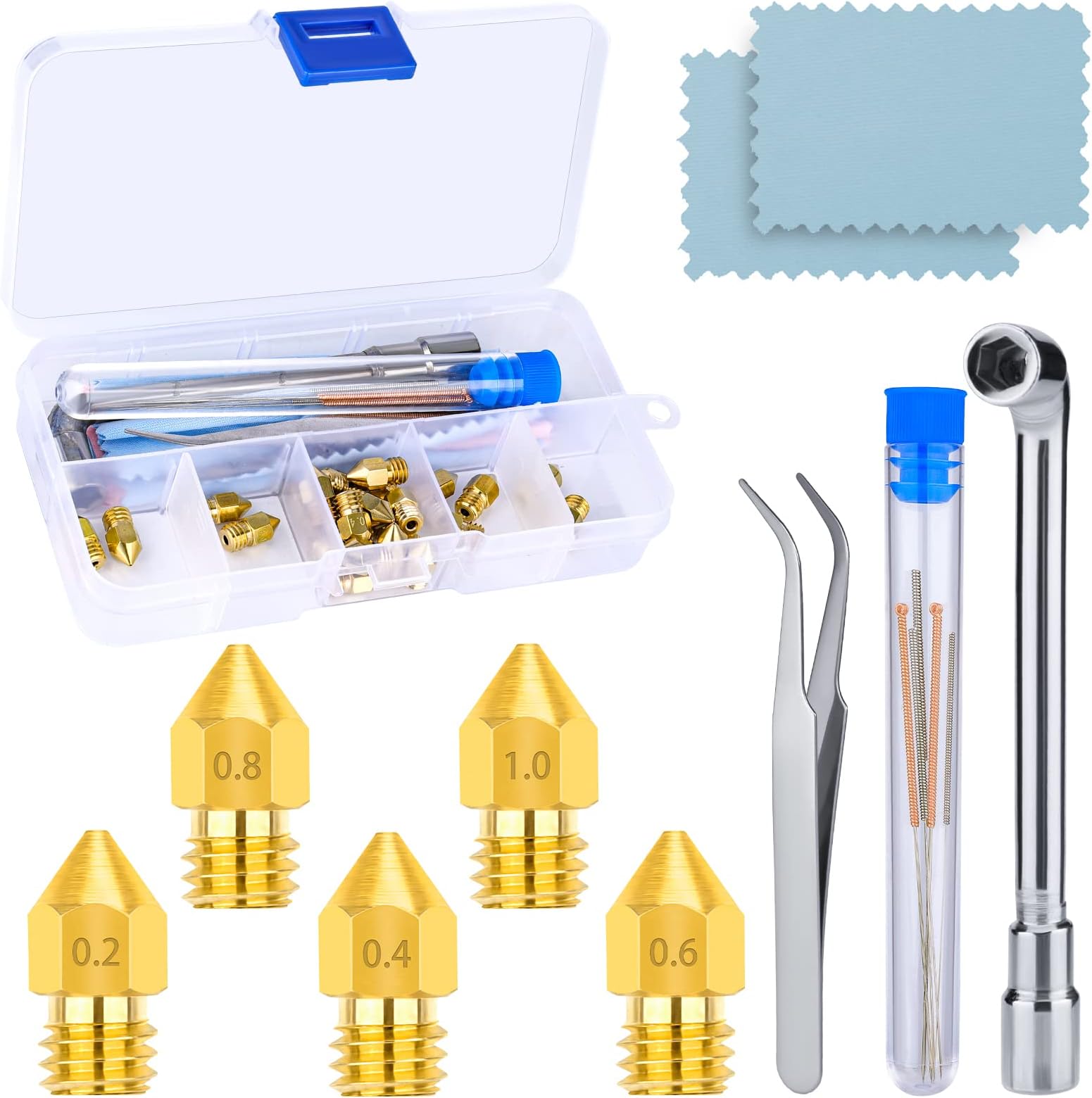 AIEX 24pcs Extruder Nozzles, 3D Printer Brass Nozzles Kit for MK8 0.2mm, 0.4mm, 0.6mm, 0.8mm, 1mm with DIY Tools and Storage Box for CR-10/10S/CR-8 /Ender 3/3S/6/5