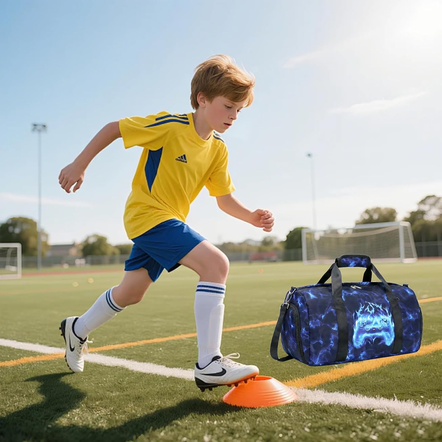 Duffle Bag for Boys Sport Gym Bag with Wet Pocket Shoes Compartment for Teen Boys Luminous Blue Flame Game Travel Bag Dance Bag