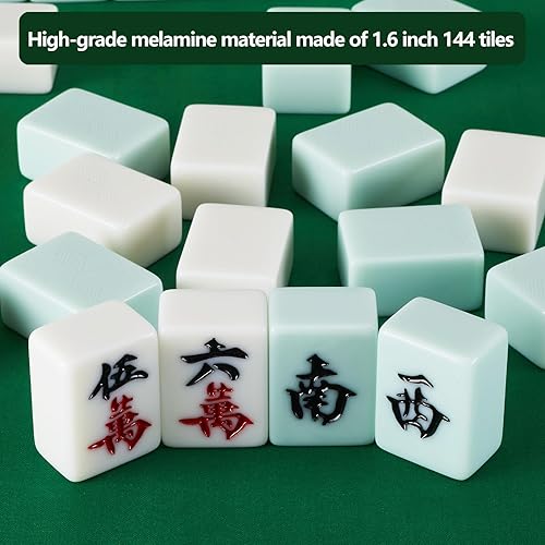 Miniatura 6 de Juego de azulejos Mahjong de 1,6 pulgadas, 144 azulejos chinos grandes de mahjong de melamina (verde esmeralda)