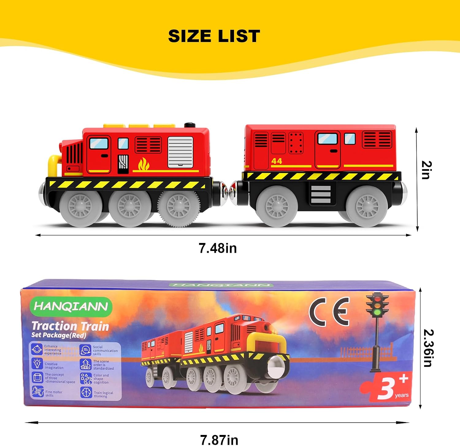 Battery Powered Locomotive Train Toy for Wooden Track, Motorized Fire Truck Car with Light&Sound Fit for Brio Train Railway Gift for Toddlers Boys Girls