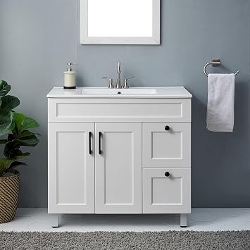 36" Bathroom Vanity with Sink, White Bathroom Sink Vanity Set, Modern Bathroom Vanity Cabinet Combo, Bath Vanity with 2 Drawers and 2 Doors