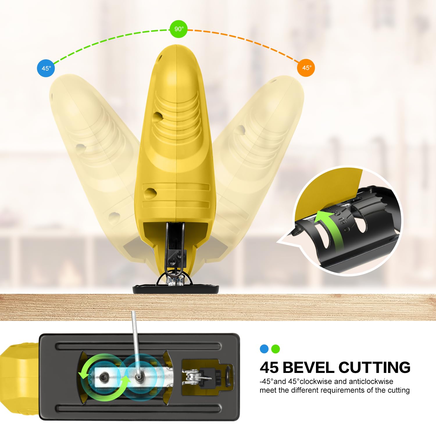 Scie Sauteuse 400W Avec Variateur De Vitesse (0-3000 CPM) + Angle De Coupe Réglable (±45°) + Fonction Verrouillage + 3 Lames Incluses (Bois/Métal/Pvc)​,Jaune