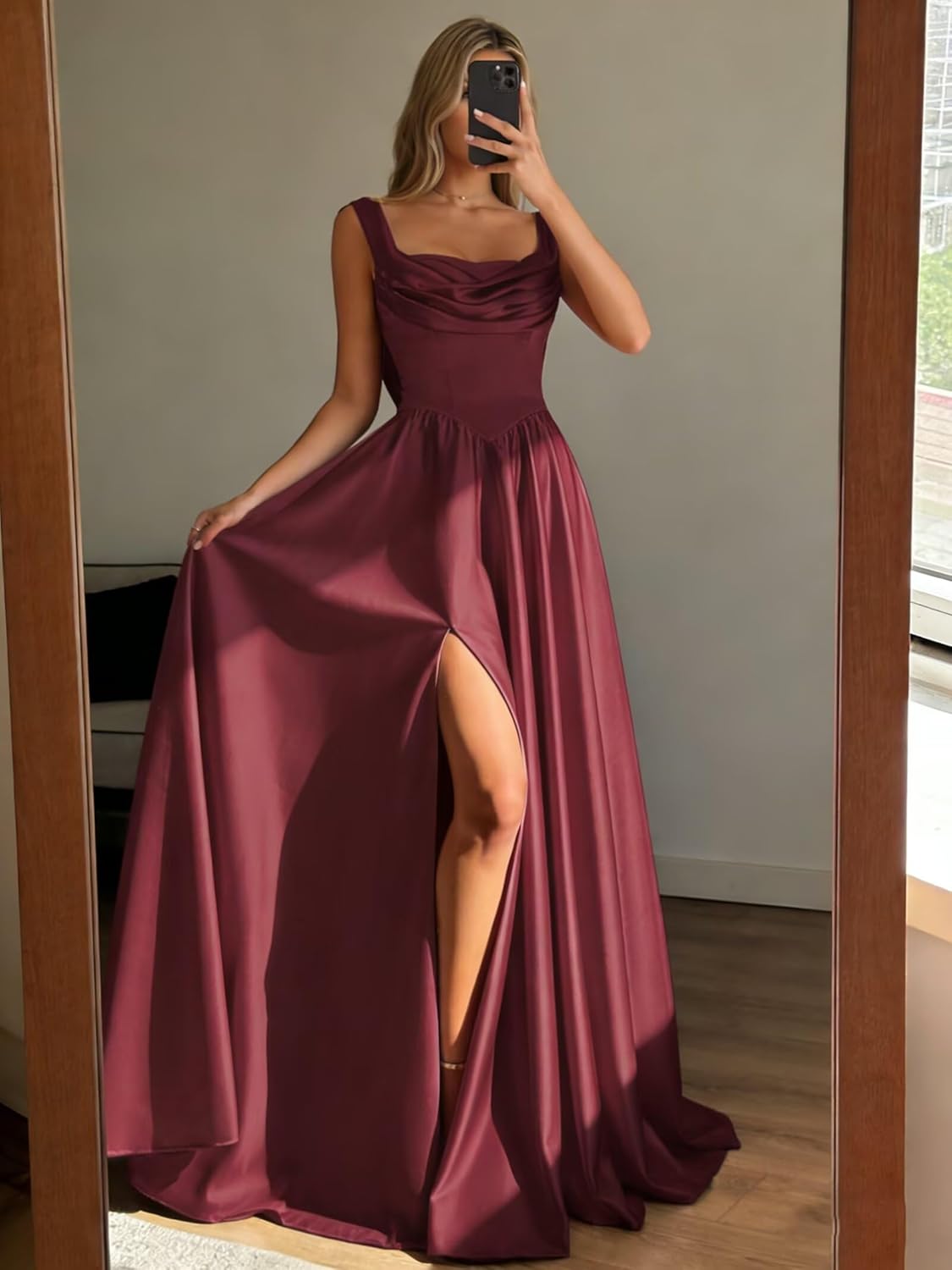 Fokissy Cowl Neck Satin Prom Dresses Corset Ball Gown Long Puffy A-Line Evening Gown with Slit