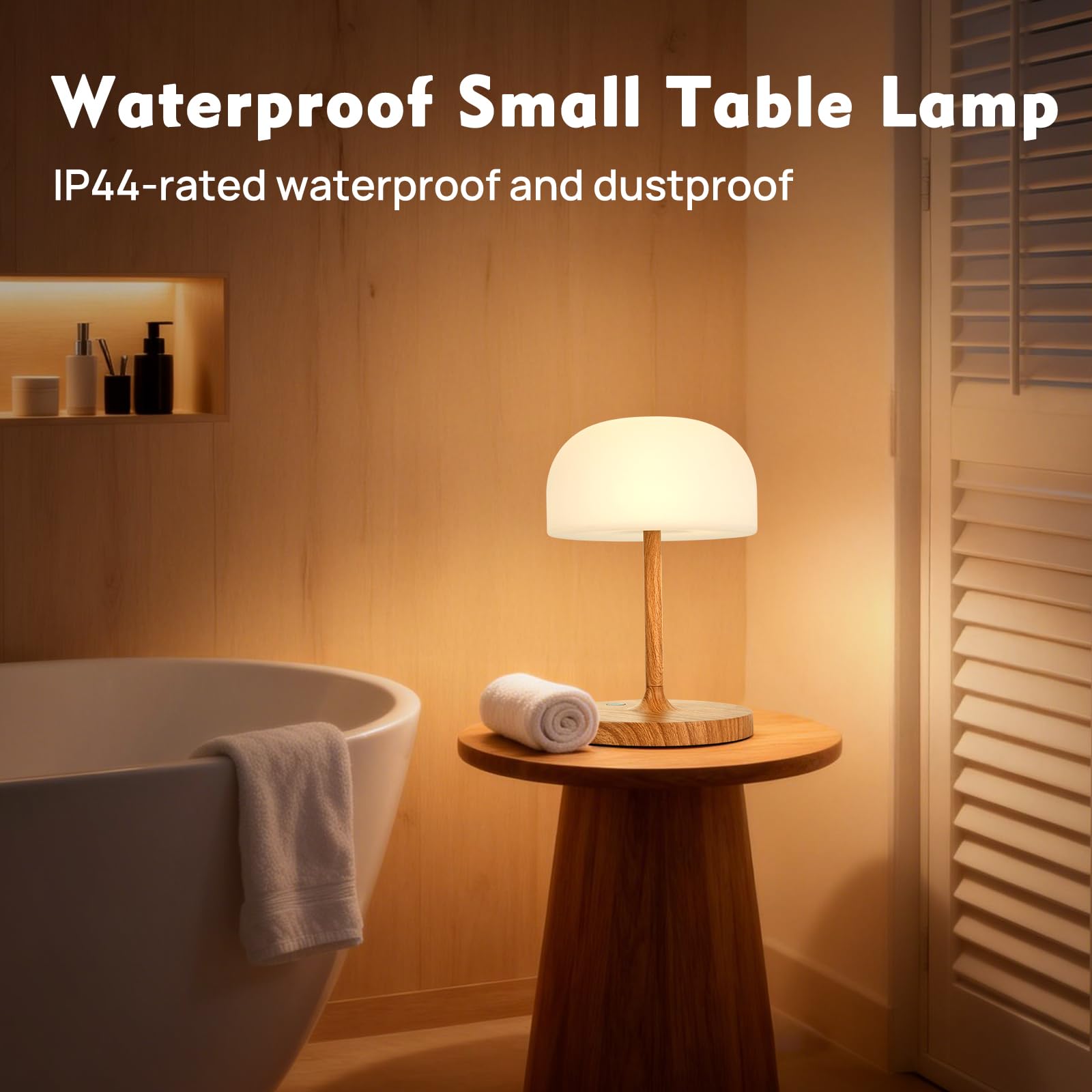 Lampara de Mesita de Noche, Lámpara de Mesa Sin Cable, Luz LED Recargable con Pantalla Redonda, Iluminación Táctil Para Uso en Interiores/Exteriores Baños y Salones - Acabado en Madera