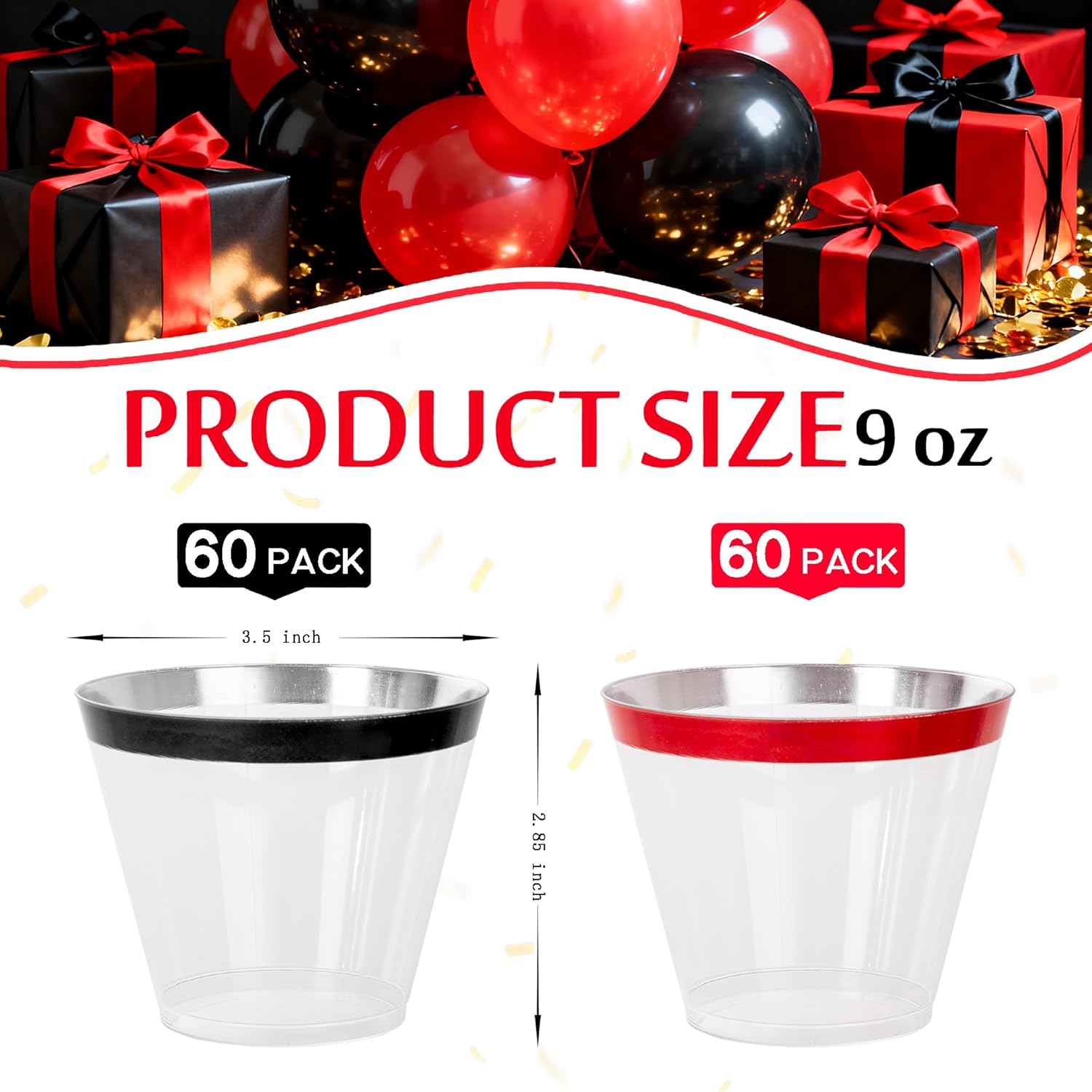 WELLIFE 120PCS Black and Red Cups,9 OZ Clear Plastic Cups,Plastic Cocktail Glasses,Disposable Wine Glasses for Parties(60 Red, 60 Black) 120 BLACK and RED