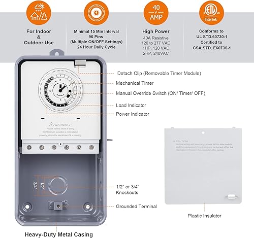 Miniatura 2 de Suraielec Temporizador de piscina, temporizador mecánico de bomba de piscina de 24 horas, 40 amperios, 120, 240, 277 VAC, carcasa de metal