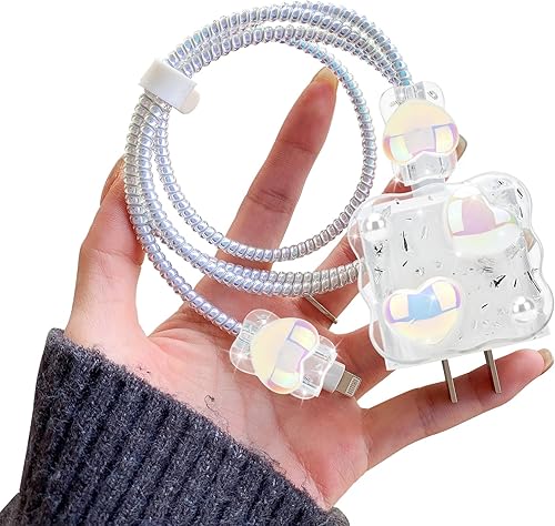 Lindo protector de cable de onda compatible con adaptador de cargador de iPhone con diseño de corazón de perlas coloridas con purpurina, cubierta de
