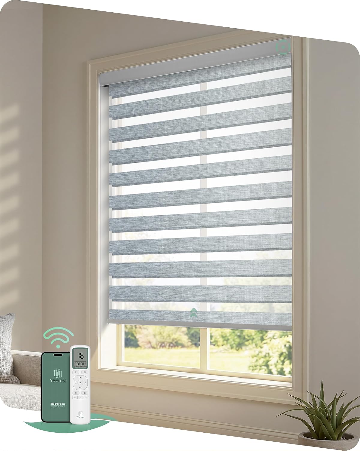 Yoolax Motorized Zebra Blinds, Remote Zebra Shades for Indoor Windows, Motorized Shades with Remote Light Control Horizontal Window Blinds Custom Size(60% Shading Sheer Gray)