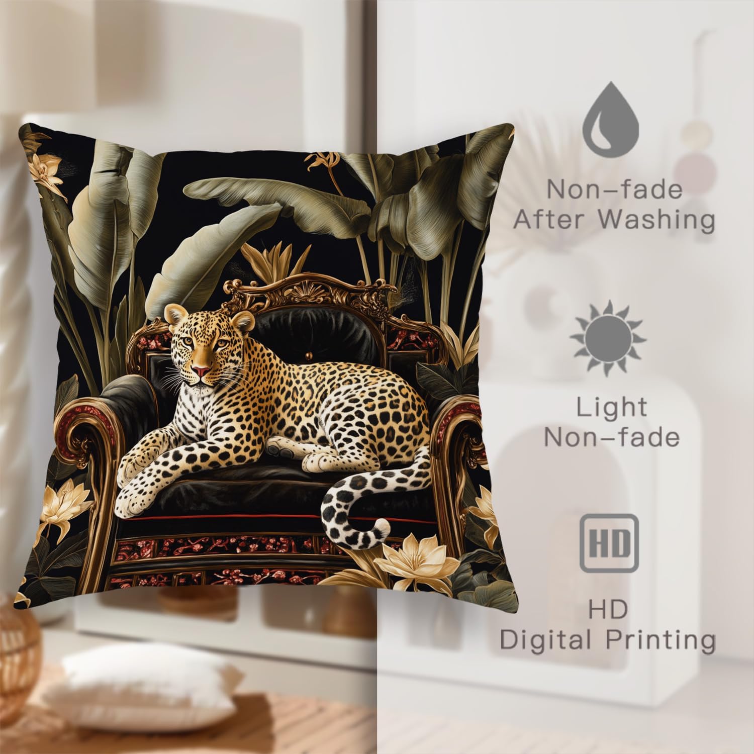 Luxury Leopard Print Pillow Covers Set of 2, Black and Gold Tropical Wildlife Theme Spring Decorative Cushions for Living Room, Elegant Leaves Throw Pillows for Home Sofa Couch Decor 26x26 Inch