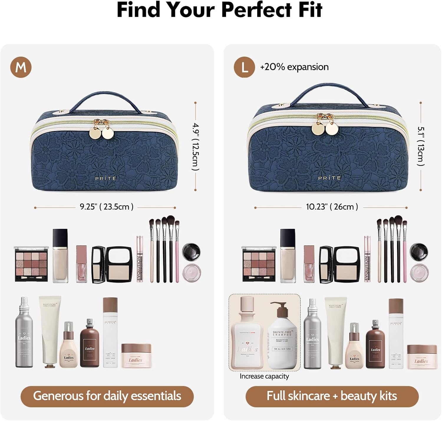 Prite Makeup Bag for Women Travel Waterproof Vegan Leather Cosmetic Bag Open Flat Toiletry Bag With Clear Divider and Handle (Blue Flower, Large)