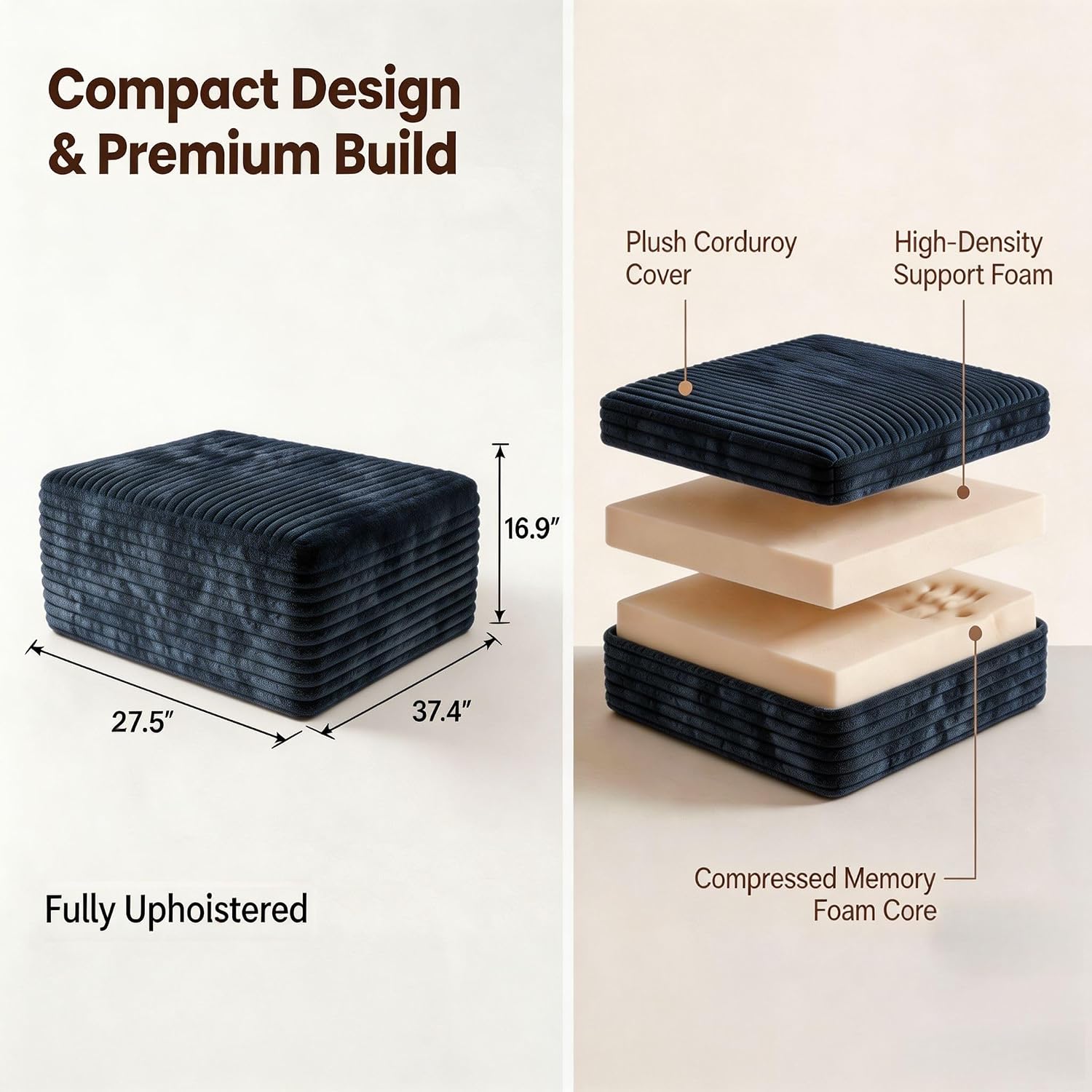 JINGLING 37.4" Rectangle Ottoman Foot Rest for Couch - Corduroy Upholstered Compressed Memory Foam, Cloud Ottoman for Modular Sectional, No Assembly Required, DIY Combination, Blue