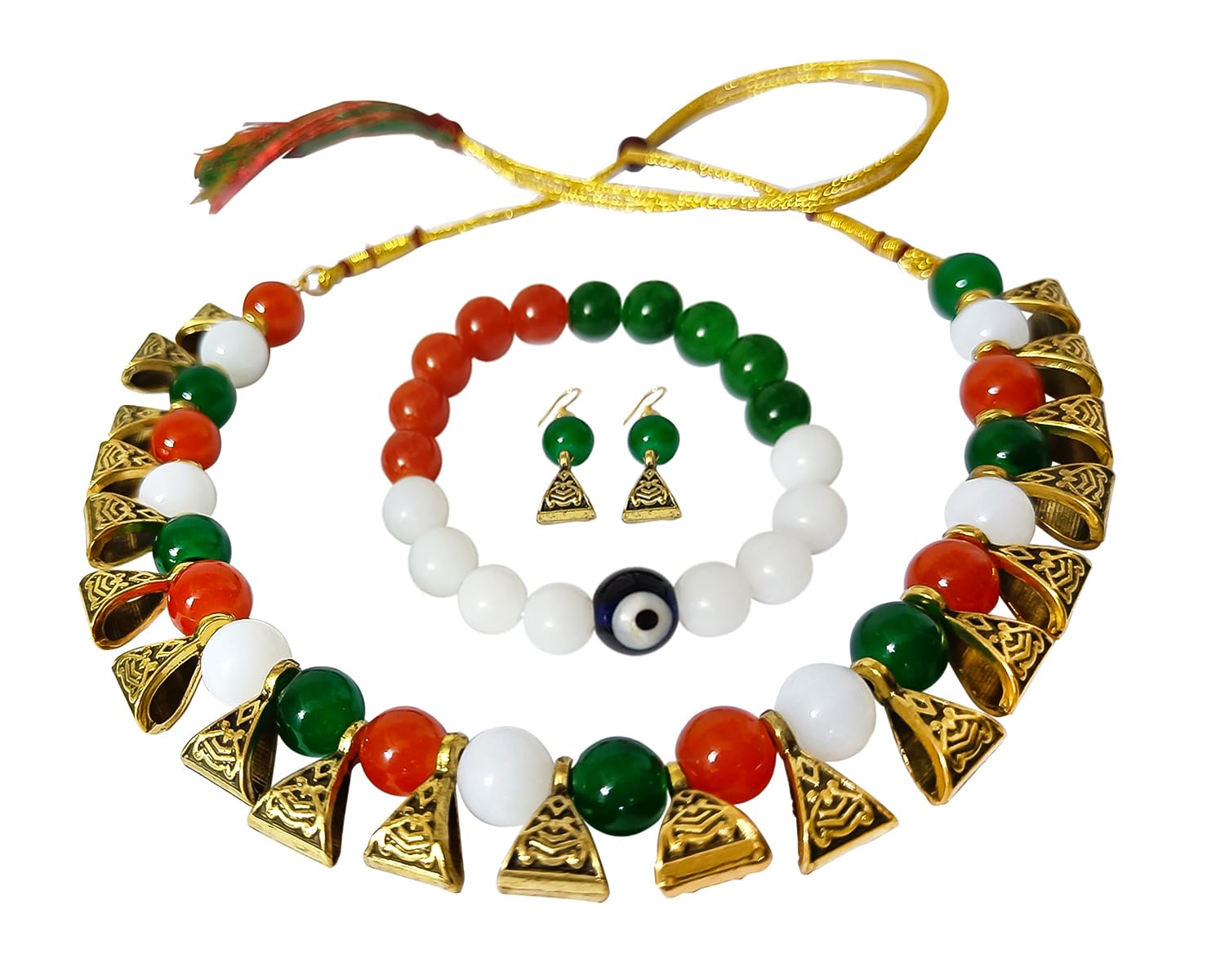 JFL - Jewellery for Less Tiranga/Tricolour/National Flag Necklace set with Bracelet Handmade Independence Day/Republic Day in Orange, White & Green Women & Girls (B0CRZ4XJ1K) Amazon Price History, Amazon Price Tracker