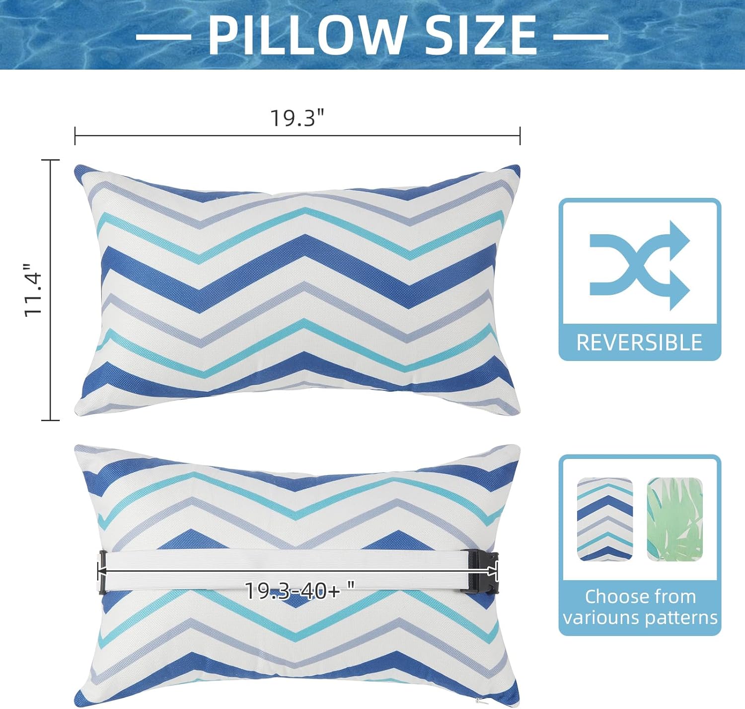 Outdoor Pillow for Chaise Lounge Chair, 2pcs Chaise Lounge Pillows Lumbar Pillows with Insert and Adjustable Elastic Strap for Patio Beach Office Chair, Blue White Stripe