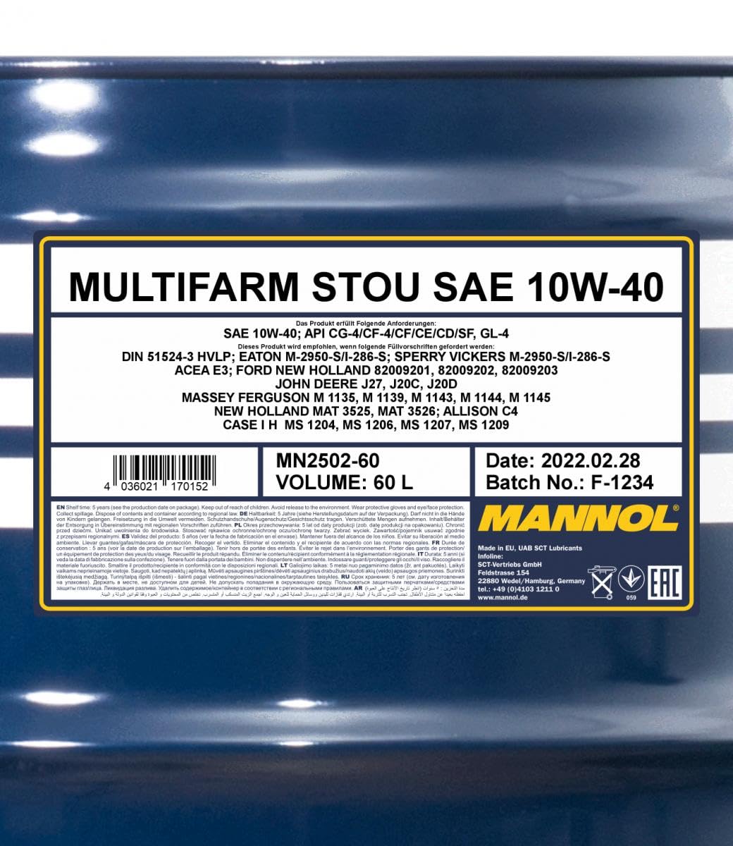 MANNOL Aceite de motor 10W-40 Multifarm Aceite mineral ACEA E3 API CE API CD API SF API GL-4 API CG-4 API CF-4 API CF STOU 60L Compatible con MERCEDES-BENZ Clase E Sedán W211 190 W201 W124 Sedán W124