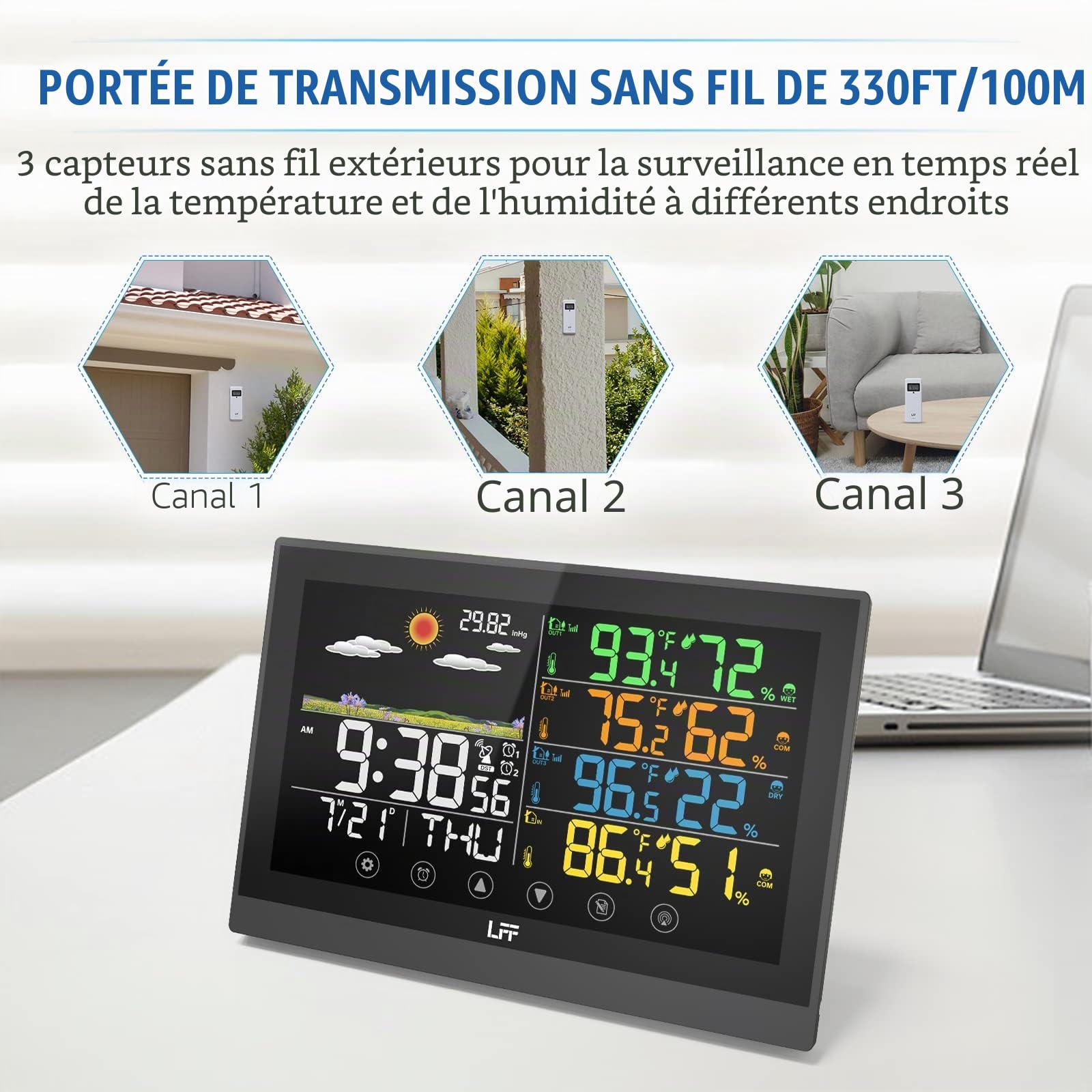 LFF Station météo sans fil, station météo radio intérieure et extérieure avec capteurs, affichage couleur, horloge atomique numérique, thermomètre sans fil, station de prévision avec rétroéclairage
