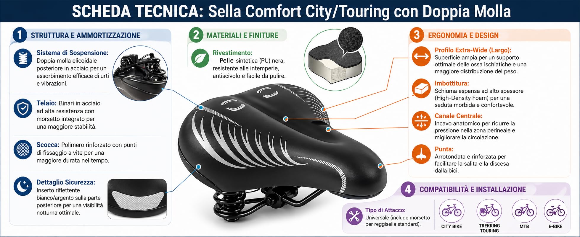 NLIGHTING Sella Bici Comfort con Doppia Molla, Sellino Bici Morbido Extra Largo per City Bike ed E-Bike, Sella Ergonomica con Canale Centrale e Imbottitura Spessa, Attacco Universale