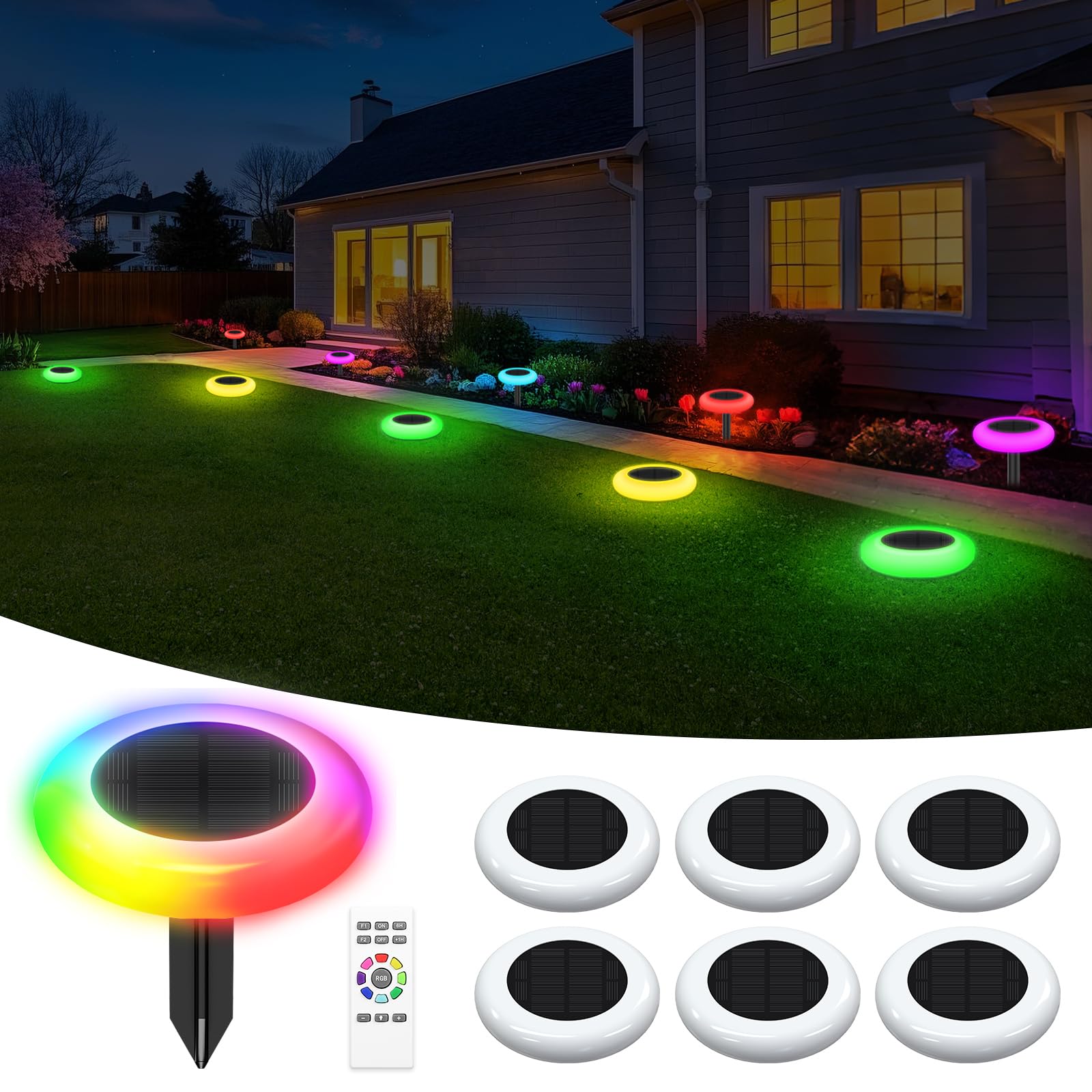 INTELAMP Solarlampen für Außen Garten mit Fernbedienung, 6 Stück Solarleuchten Bodenleuchten Aussen mit RGB Modi 9 Spezifische Farben, Warmweiß Wasserdicht für Garten, Rasen, Terrasse, Hof