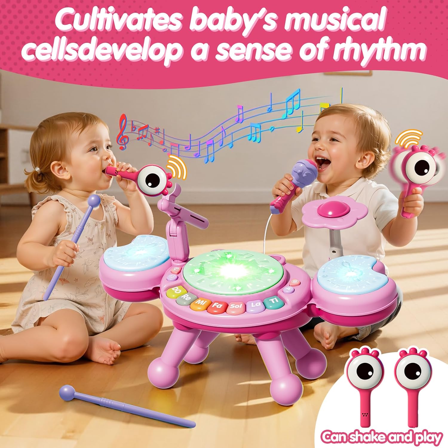 Toddler Drum Set for Kids 1-3, Baby Drum Set 1 Year Old with Light-Up Microphone, Musical Instruments Montessori Learning Toys for 6 9 12 18 Months, Birthday Gift for Boys Girls（Pink）