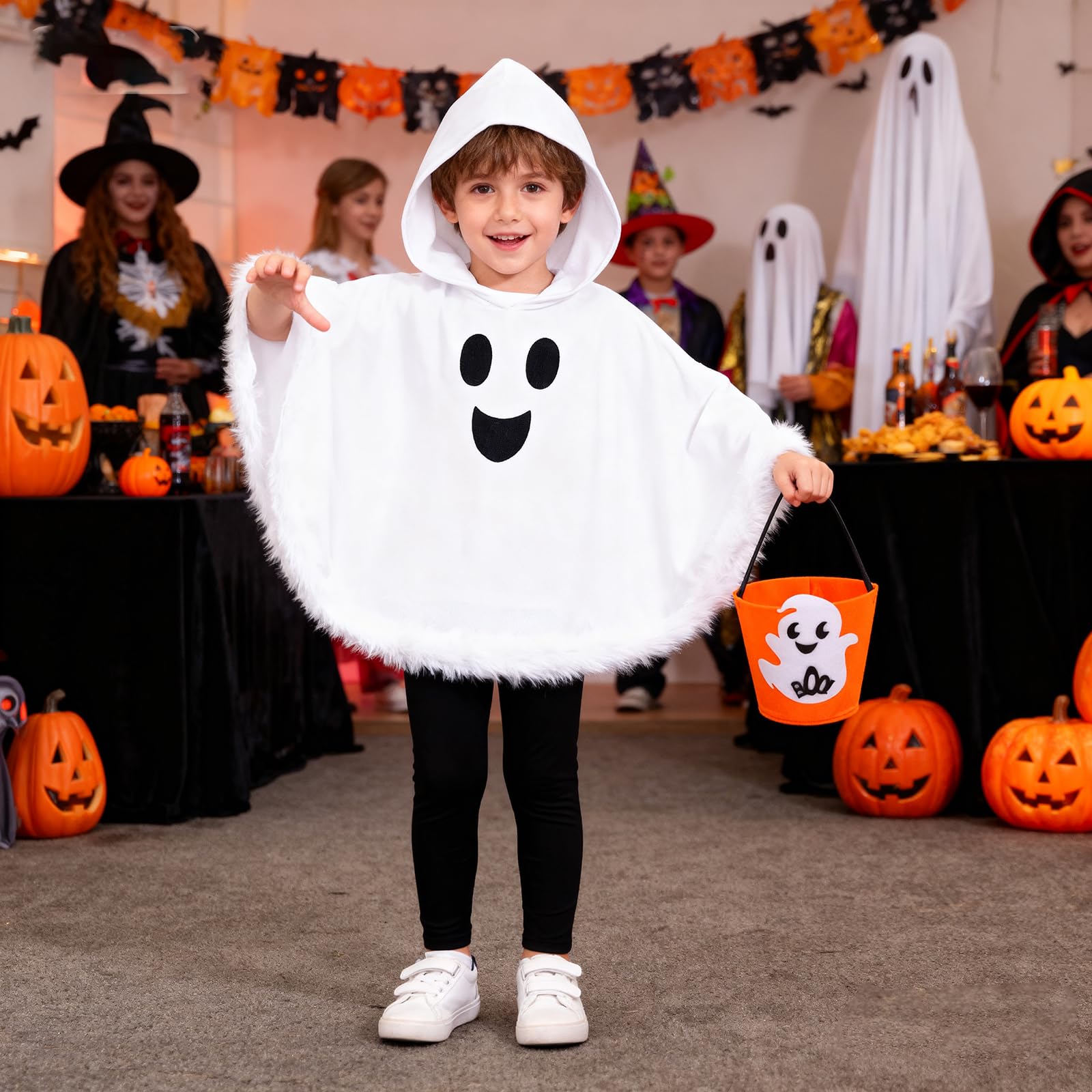Toddler Baby Boys Girls Ghost Costume Kids Halloween Ghost Face Hooded Cloak Costume Party Boo Ghost Outfit for ages 5-6 Years,White Cloak+Pants+Pumpkin Basket Set - Image 3